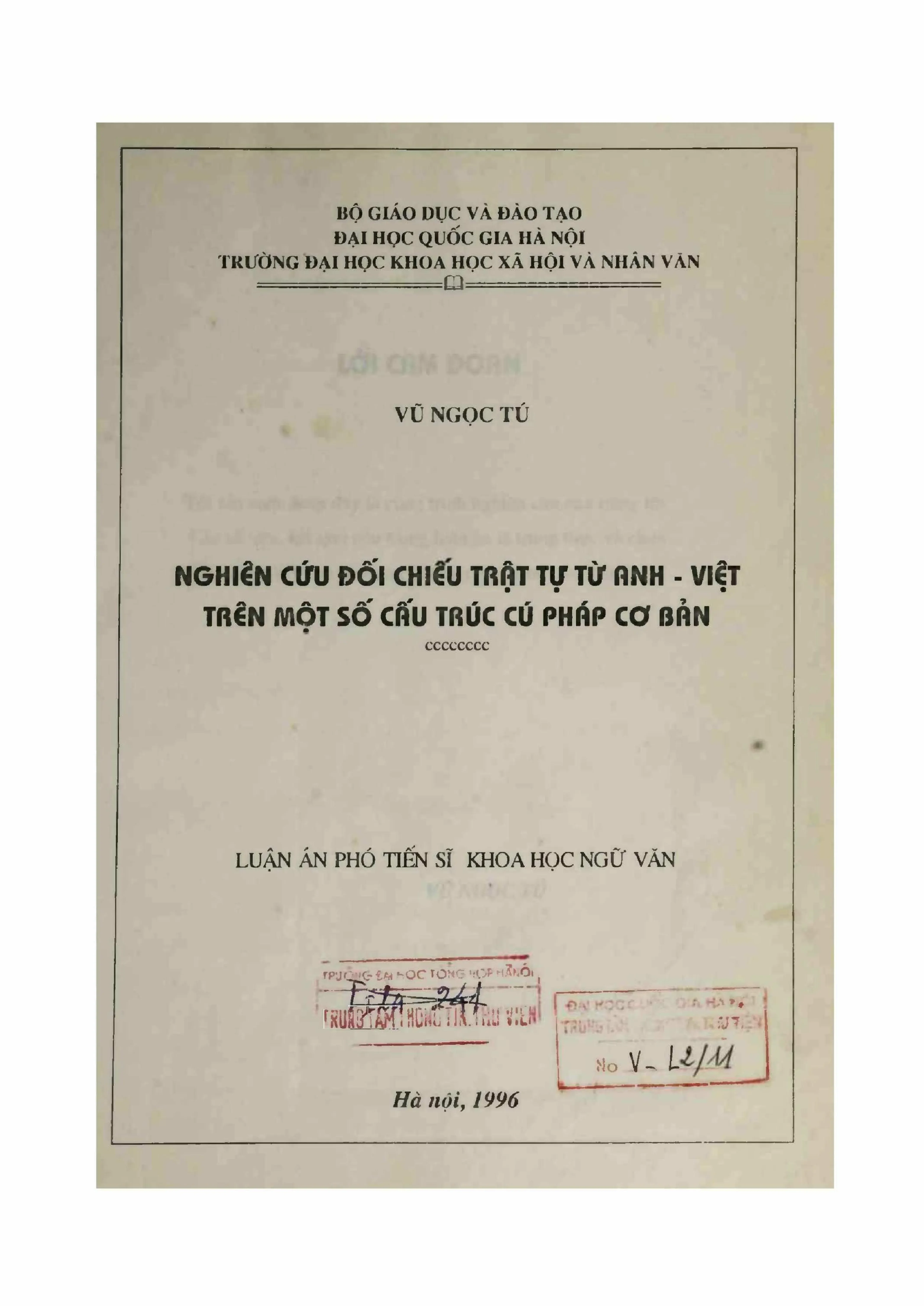 Nghiên cứu trật tự từ Anh - Việt trong cấu trúc cú pháp