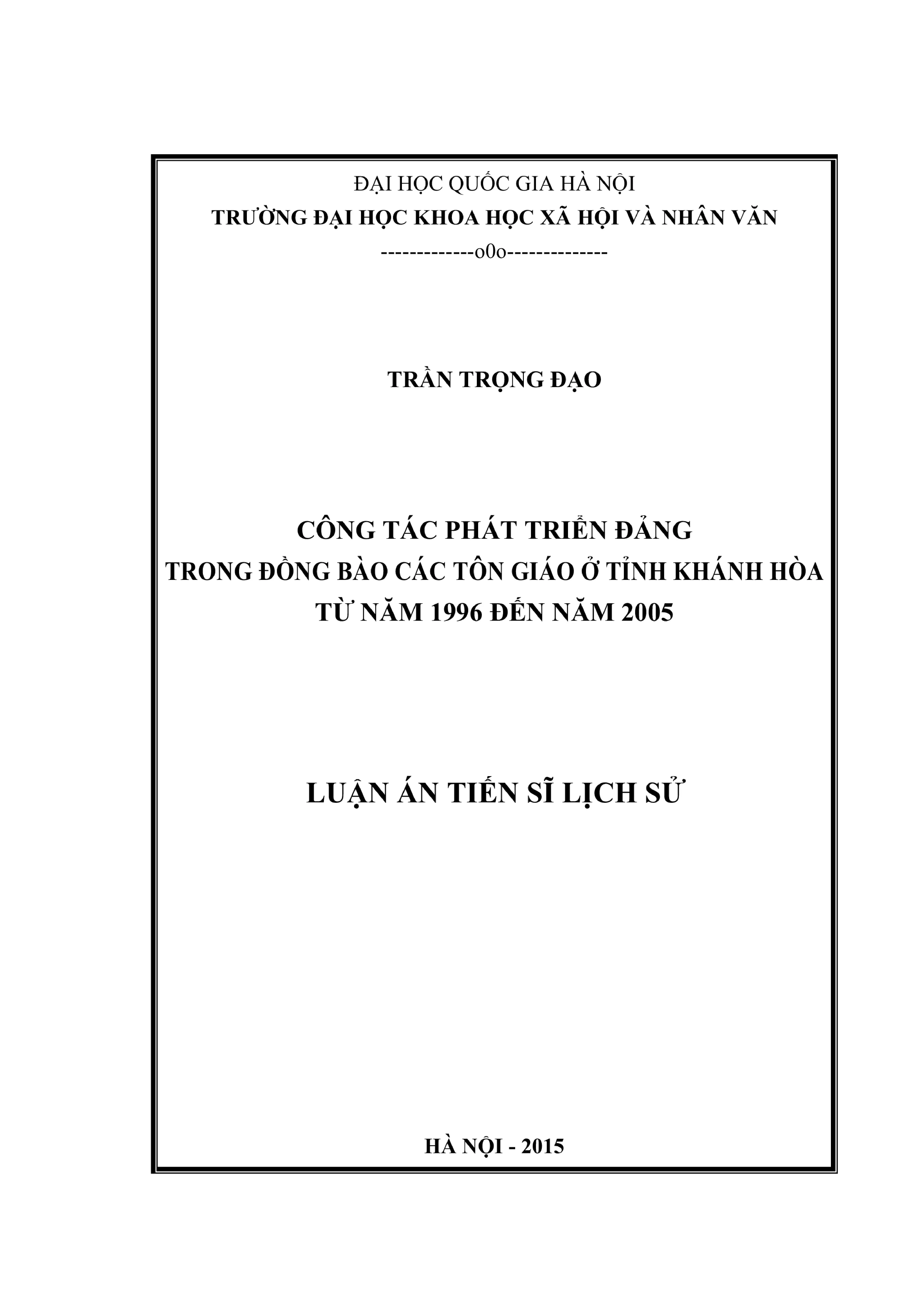 Công tác phát triển Đảng trong tôn giáo ở Khánh Hòa (1996-2005)