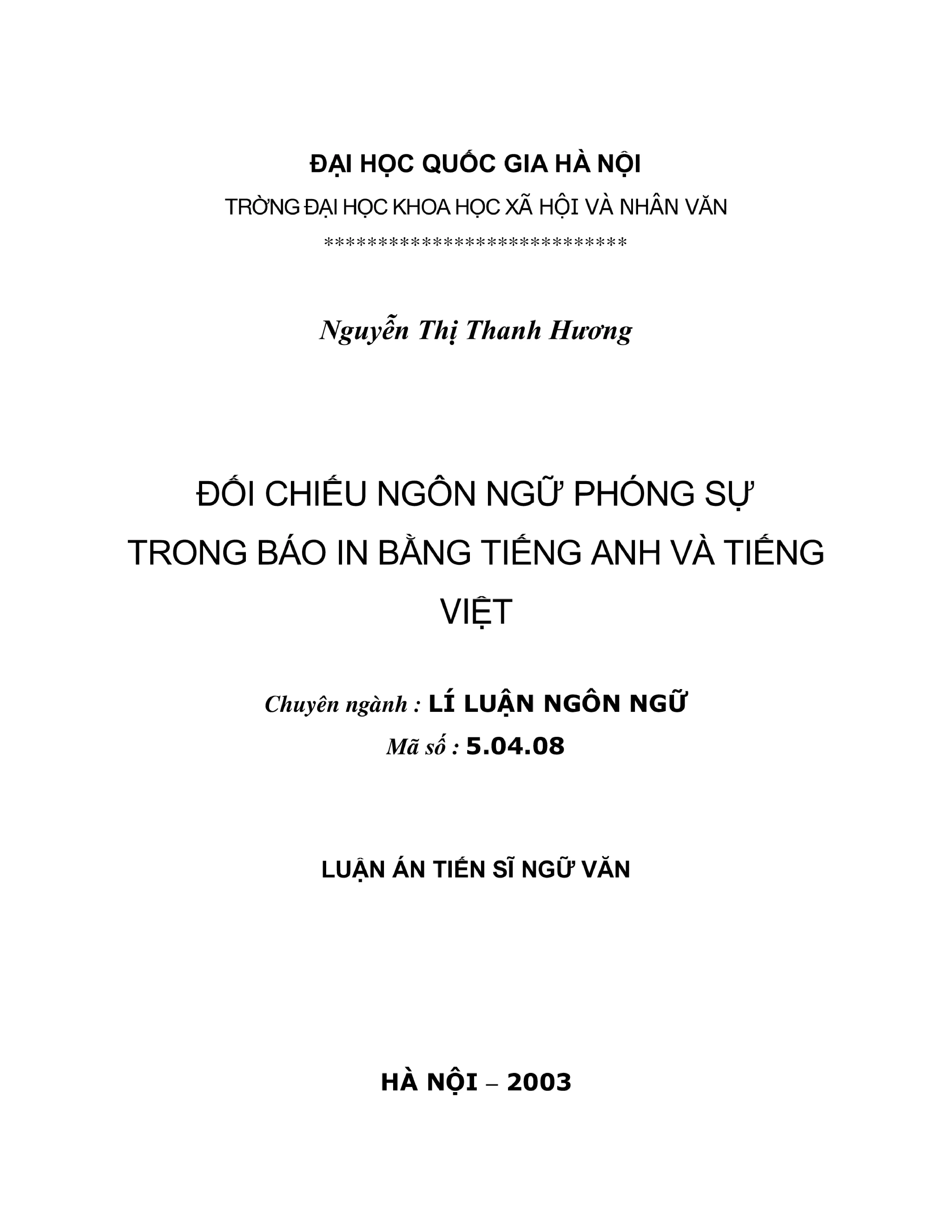 Luận án tiến sĩ ngữ văn đối chiếu ngôn ngữ phóng sự