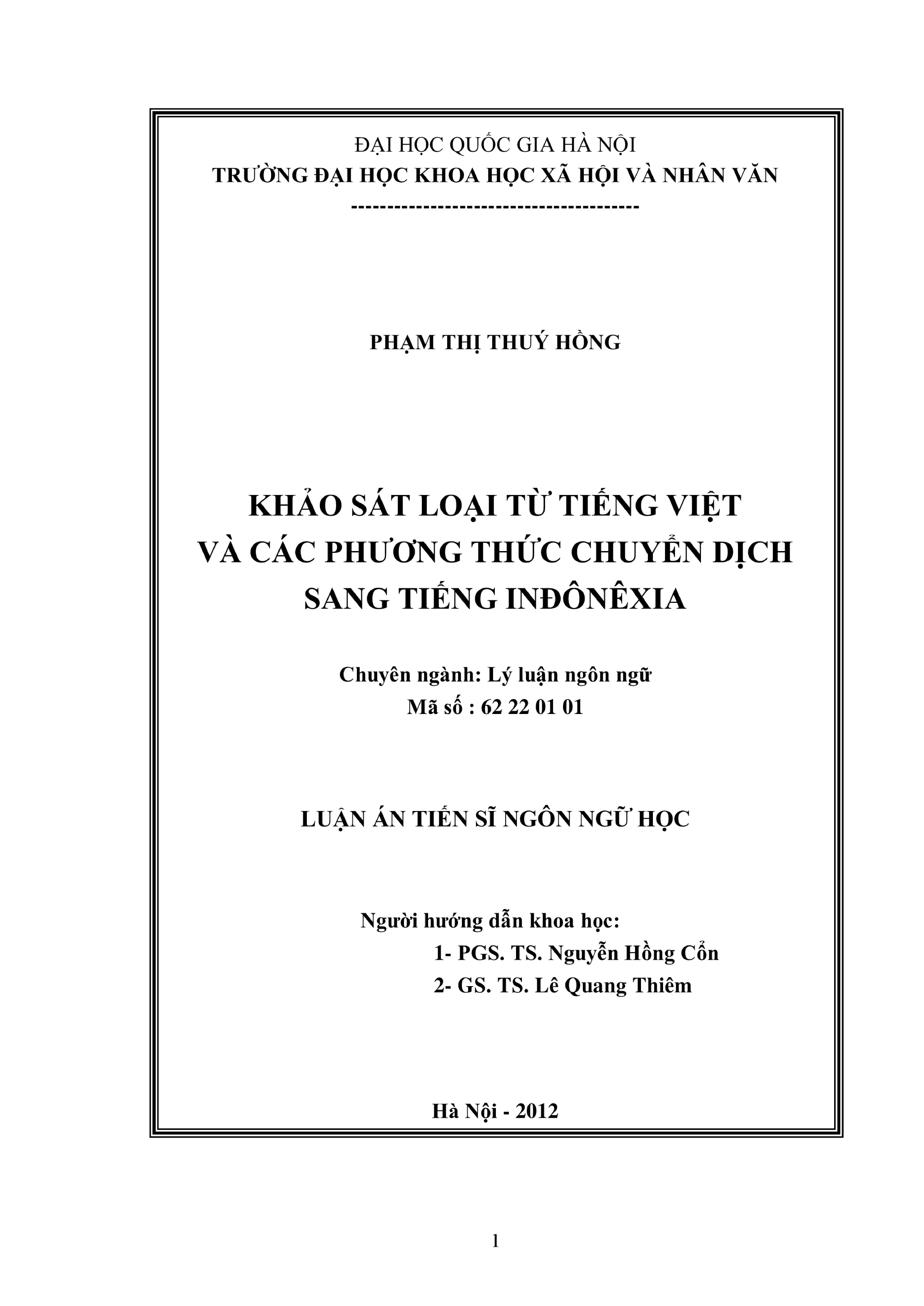 Luận án tiến sĩ ngôn ngữ học khảo sát loại từ tiếng việt và