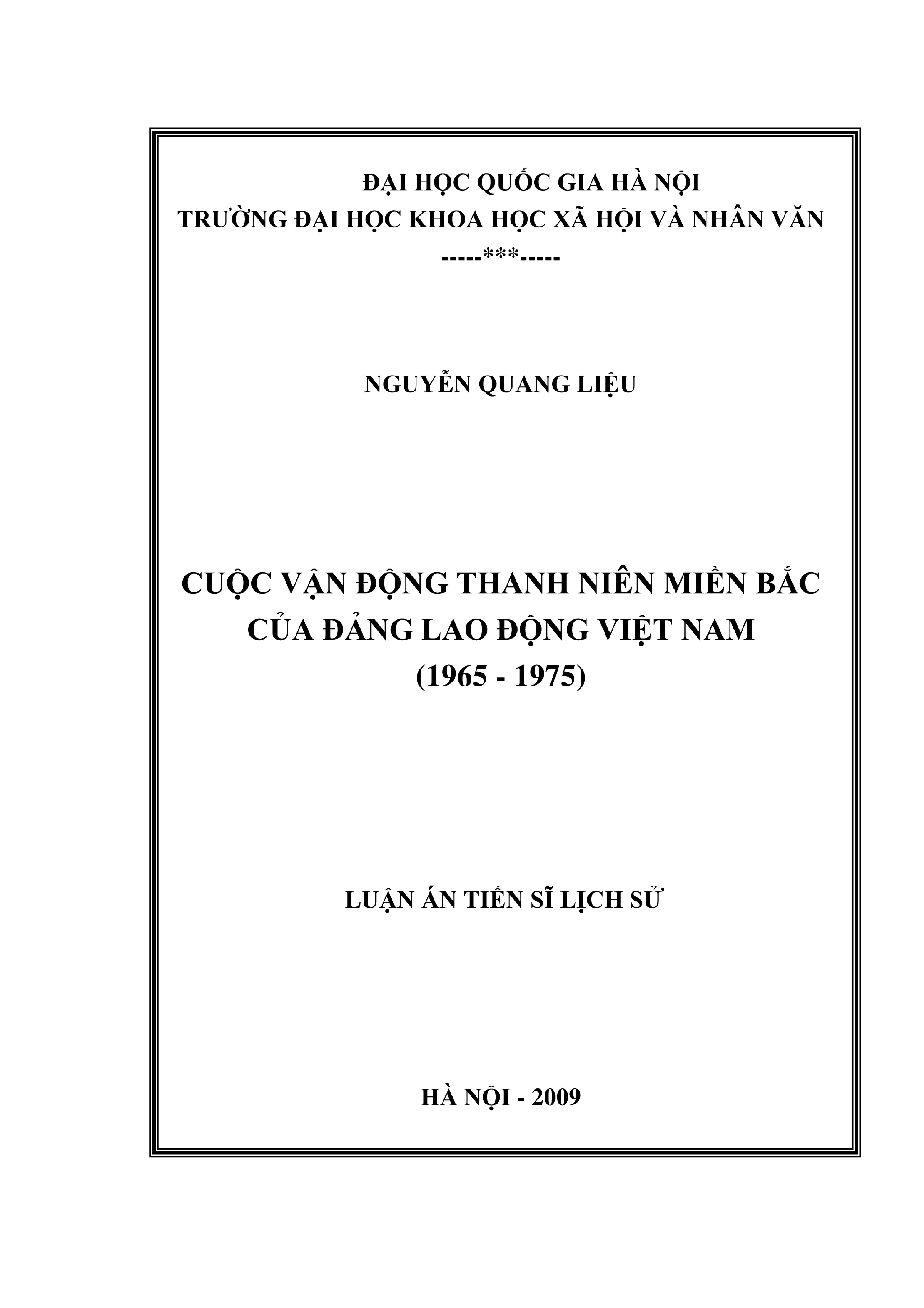 Luận án tiến sĩ lịch sử cuộc vận động thanh niên miền bắc củ