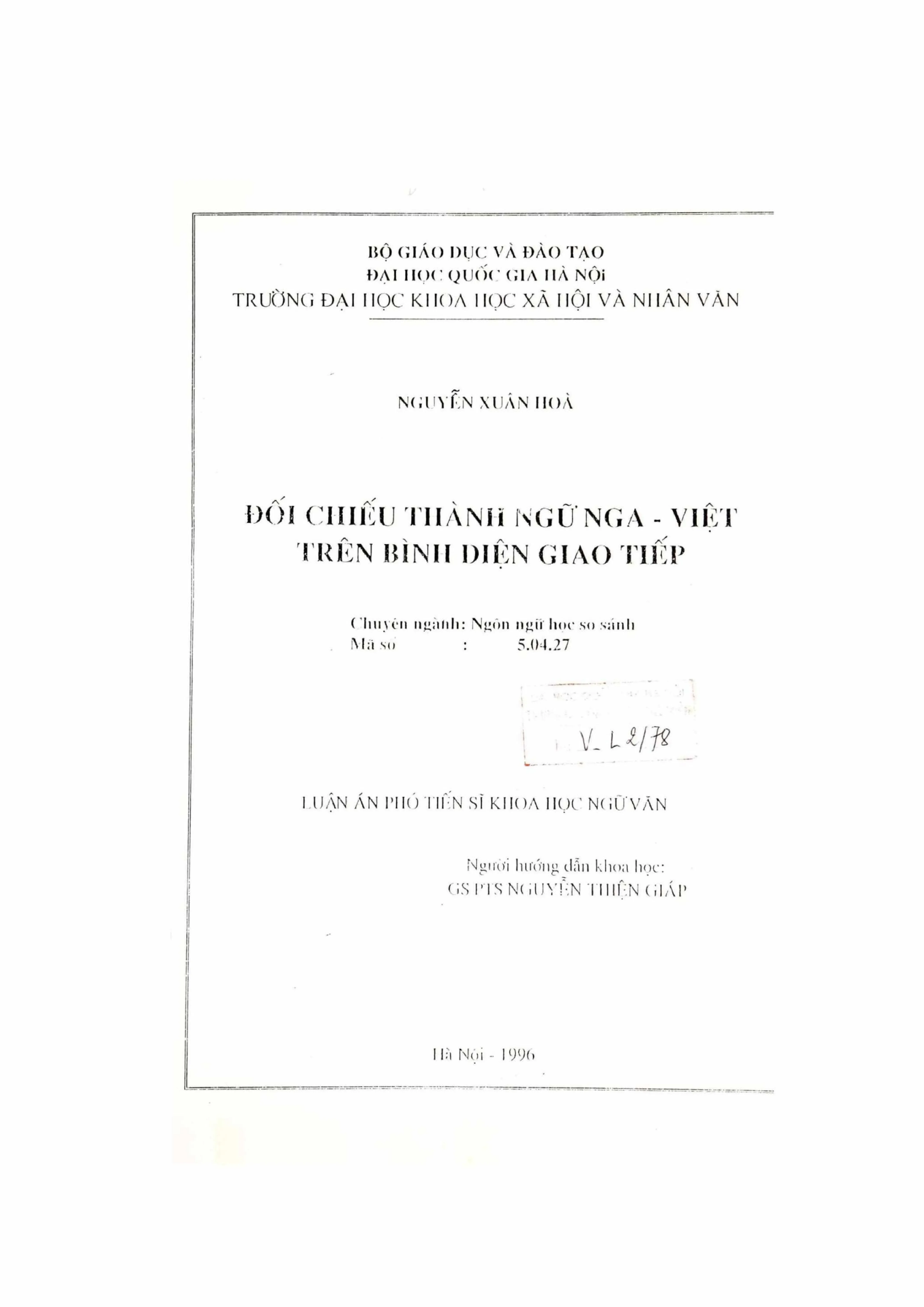 Luận án phó tiến sĩ ngữ văn đối chiếu thành ngữ nga việt trê