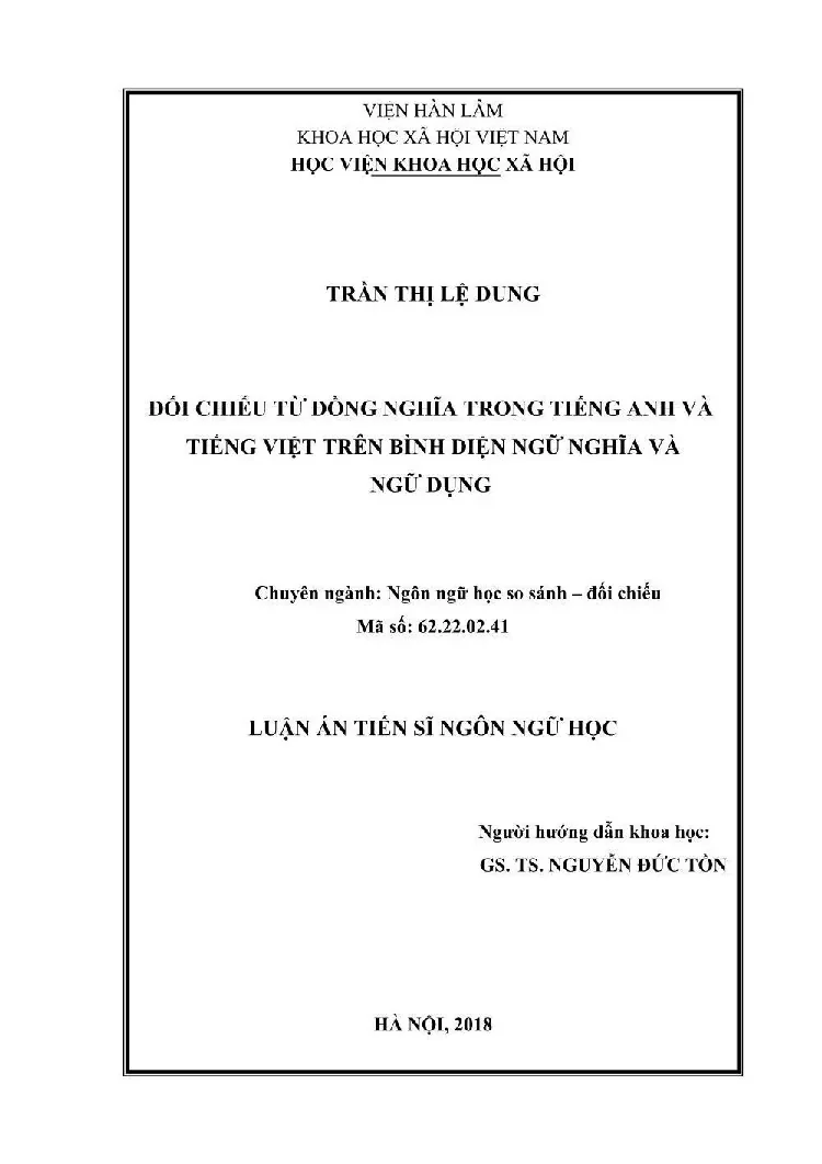Luận án tiến sĩ ngôn ngữ học đối chiếu từ đồng nghĩa trong t