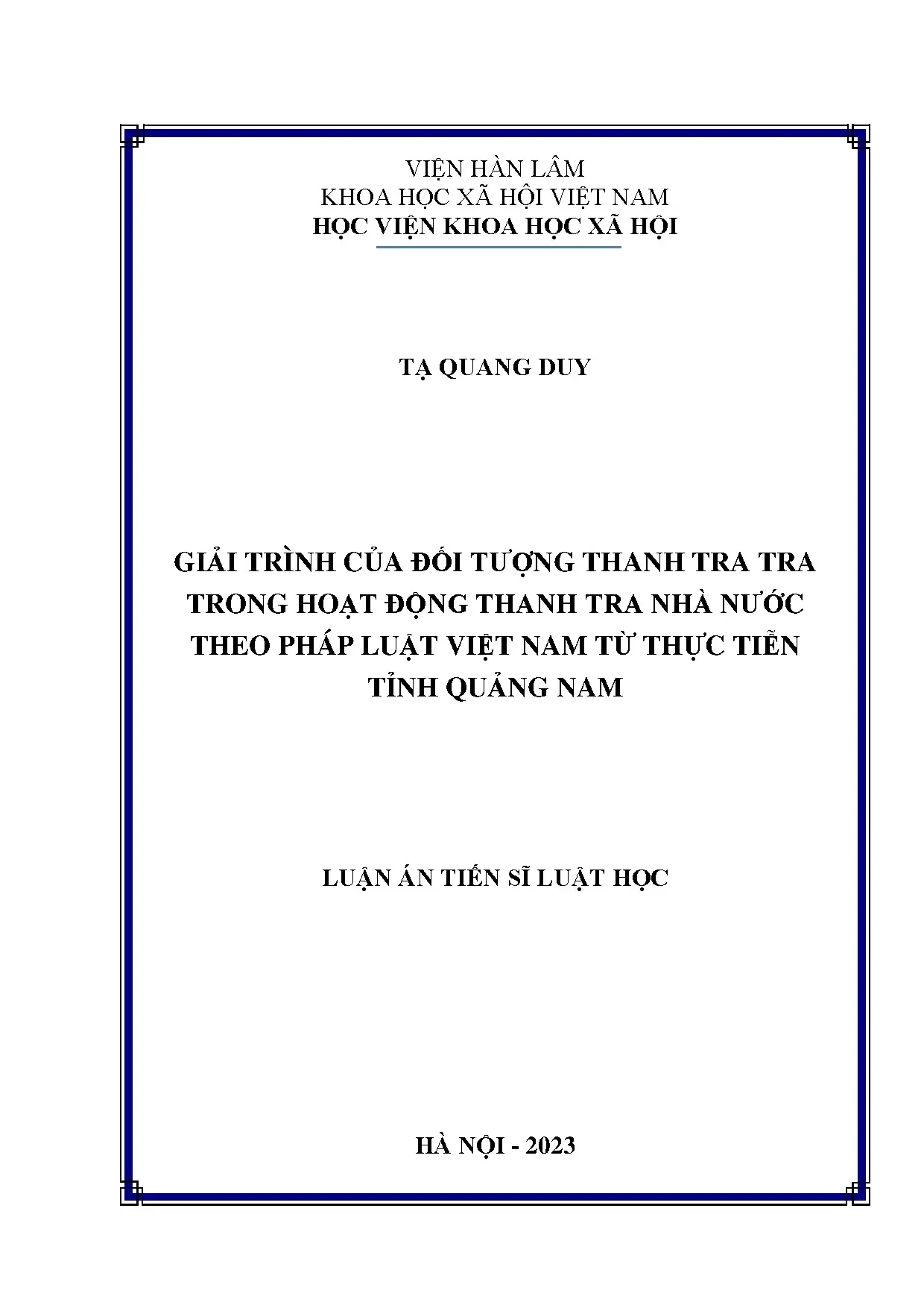 Luận án tiến sĩ về giải trình trong thanh tra nhà nước tỉnh Quảng Nam