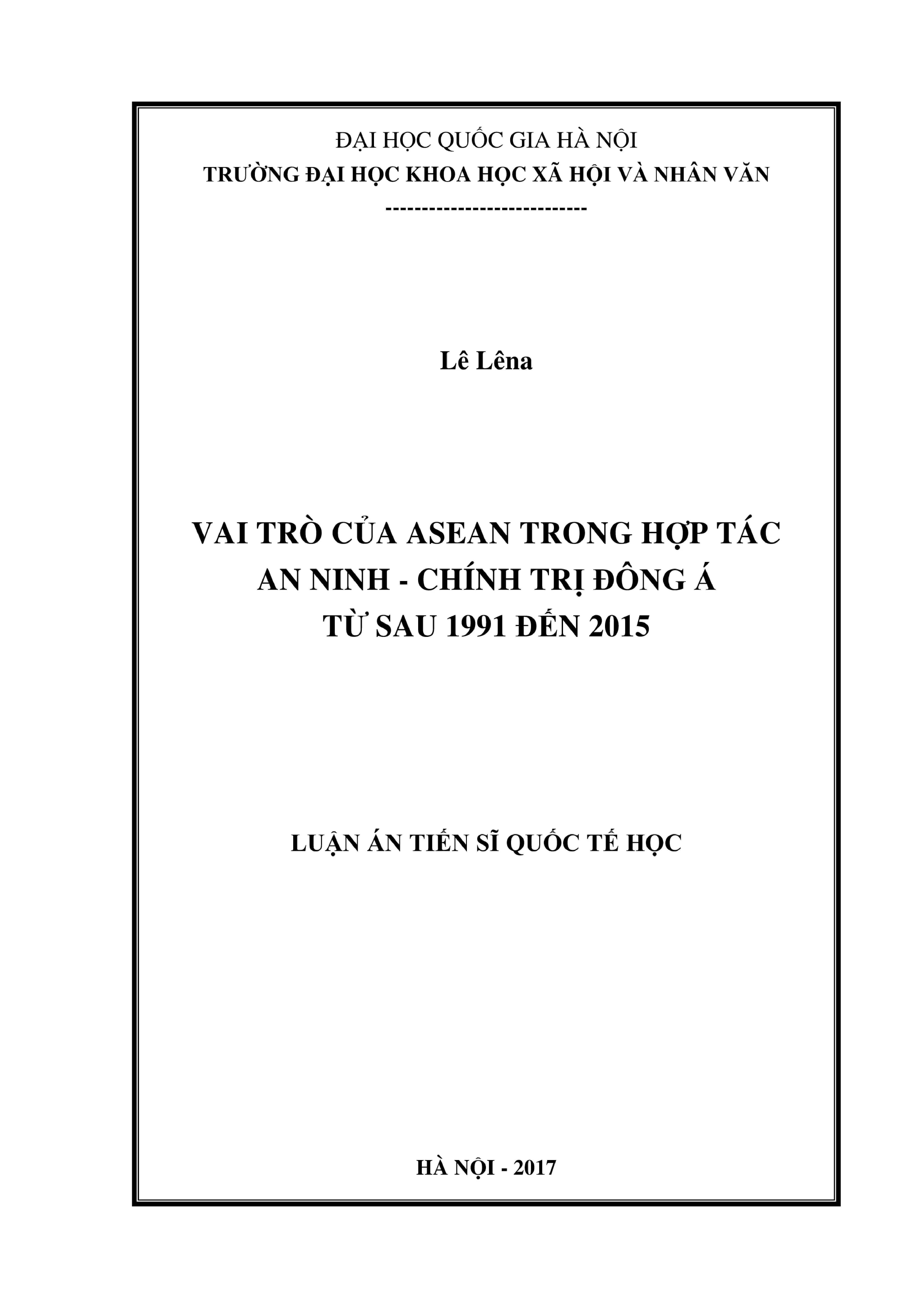 Vai trò ASEAN trong hợp tác an ninh chính trị Đông Á 1991-2015