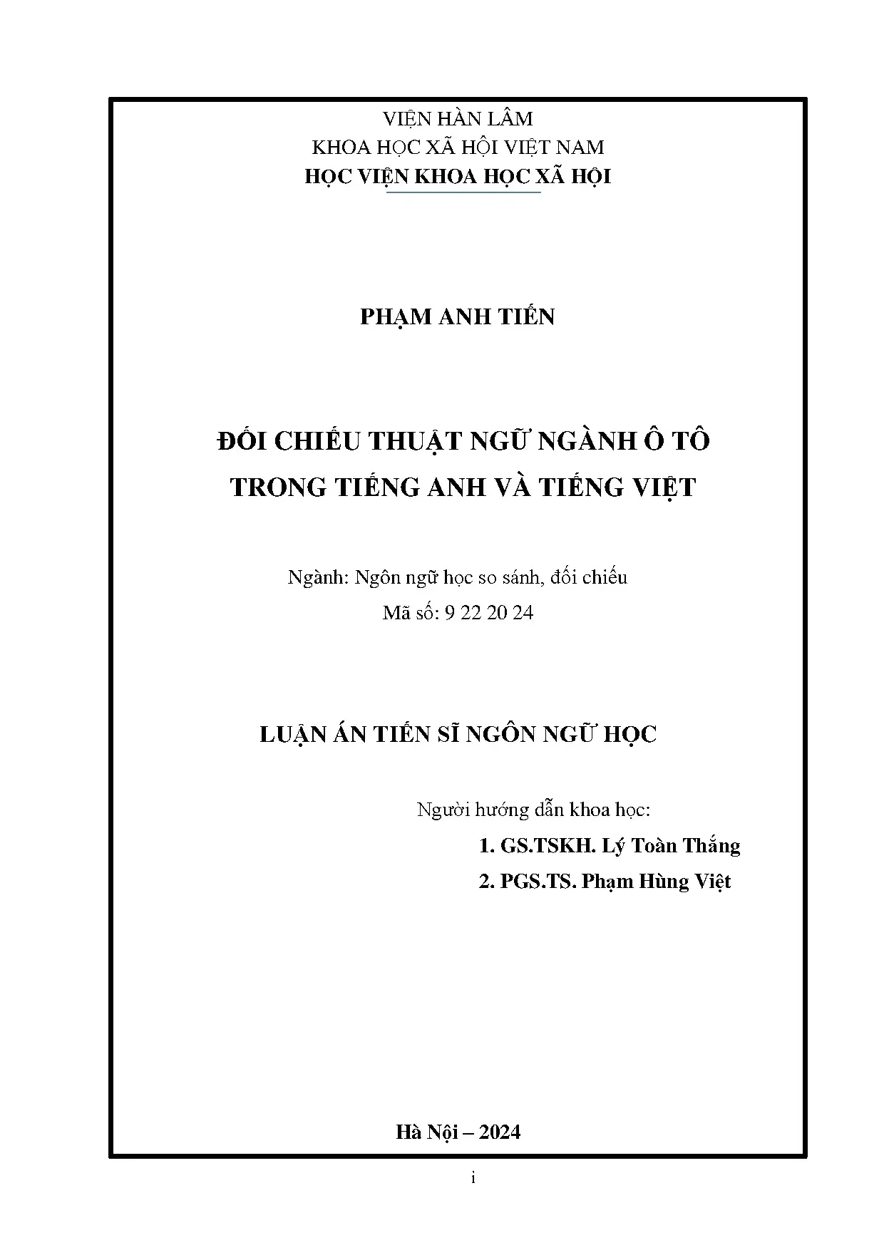 Đối chiếu thuật ngữ ô tô Anh - Việt: Luận án ngôn ngữ học