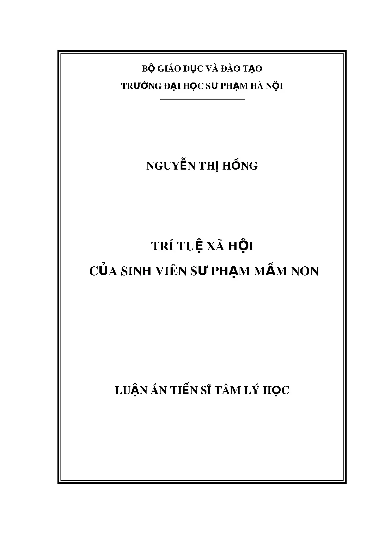 Trí tuệ xã hội SV sư phạm mầm non: Luận án Tiến sĩ Tâm lý