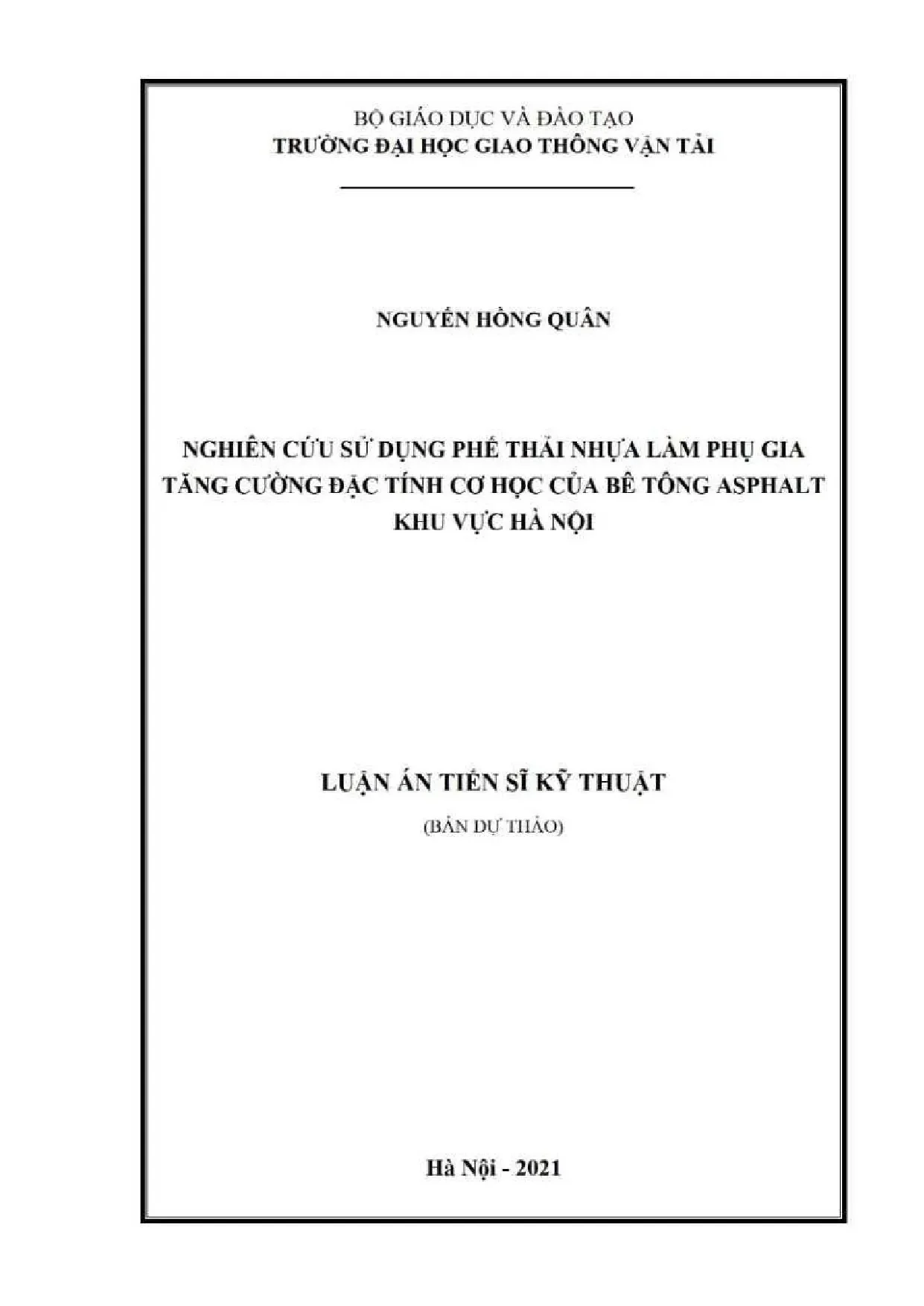 Luận án tiến sĩ kĩ thuật nghiên cứu sử dụng phế thải nhựa là