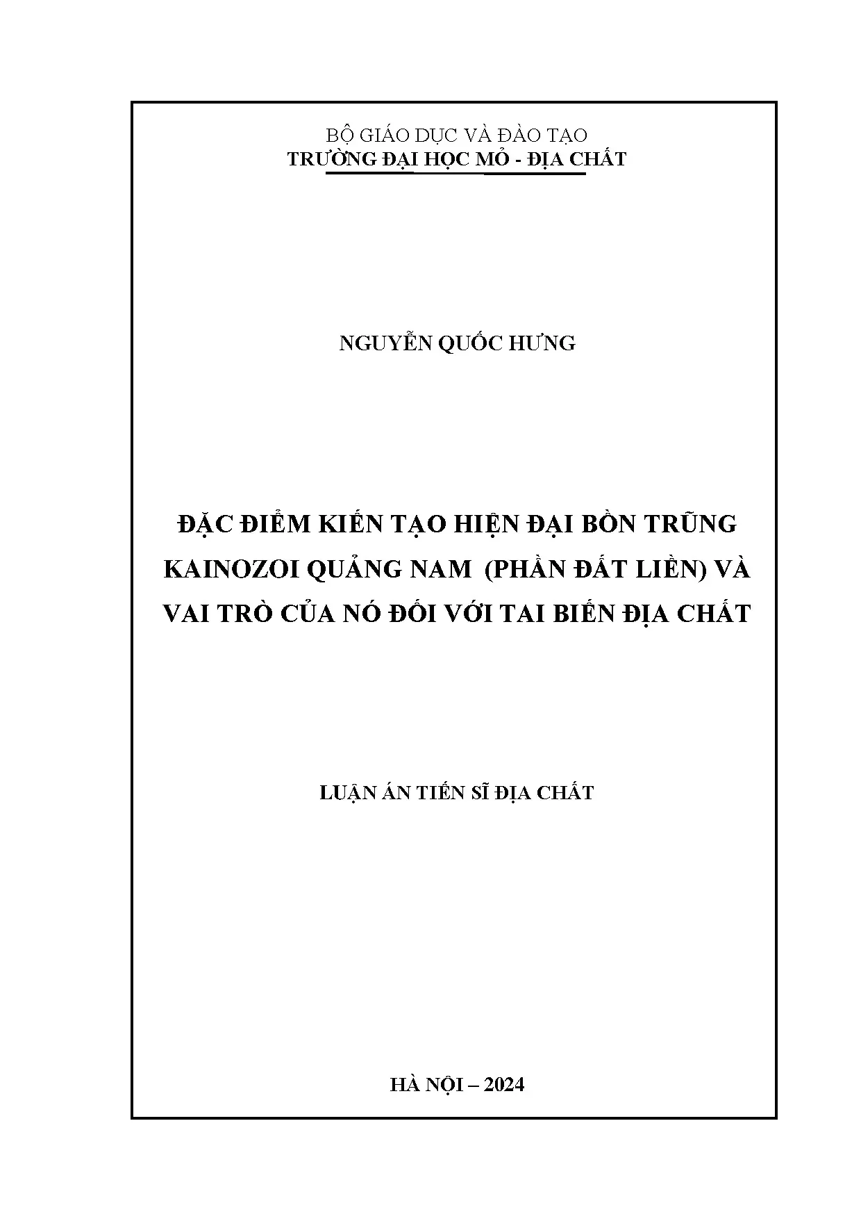 Kiến tạo hiện đại bồn trũng Kainozoi Quảng Nam, tai biến địa chất