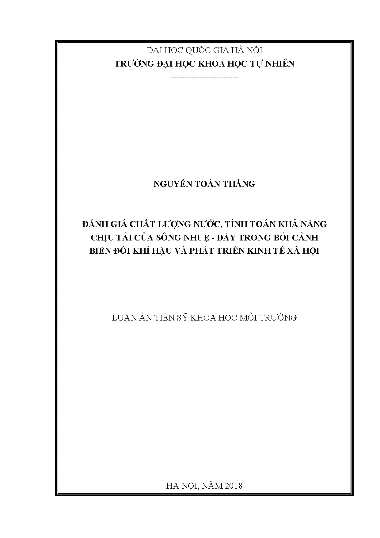 Luận án: Chất lượng nước, chịu tải sông Nhuệ-Đáy & BĐKH