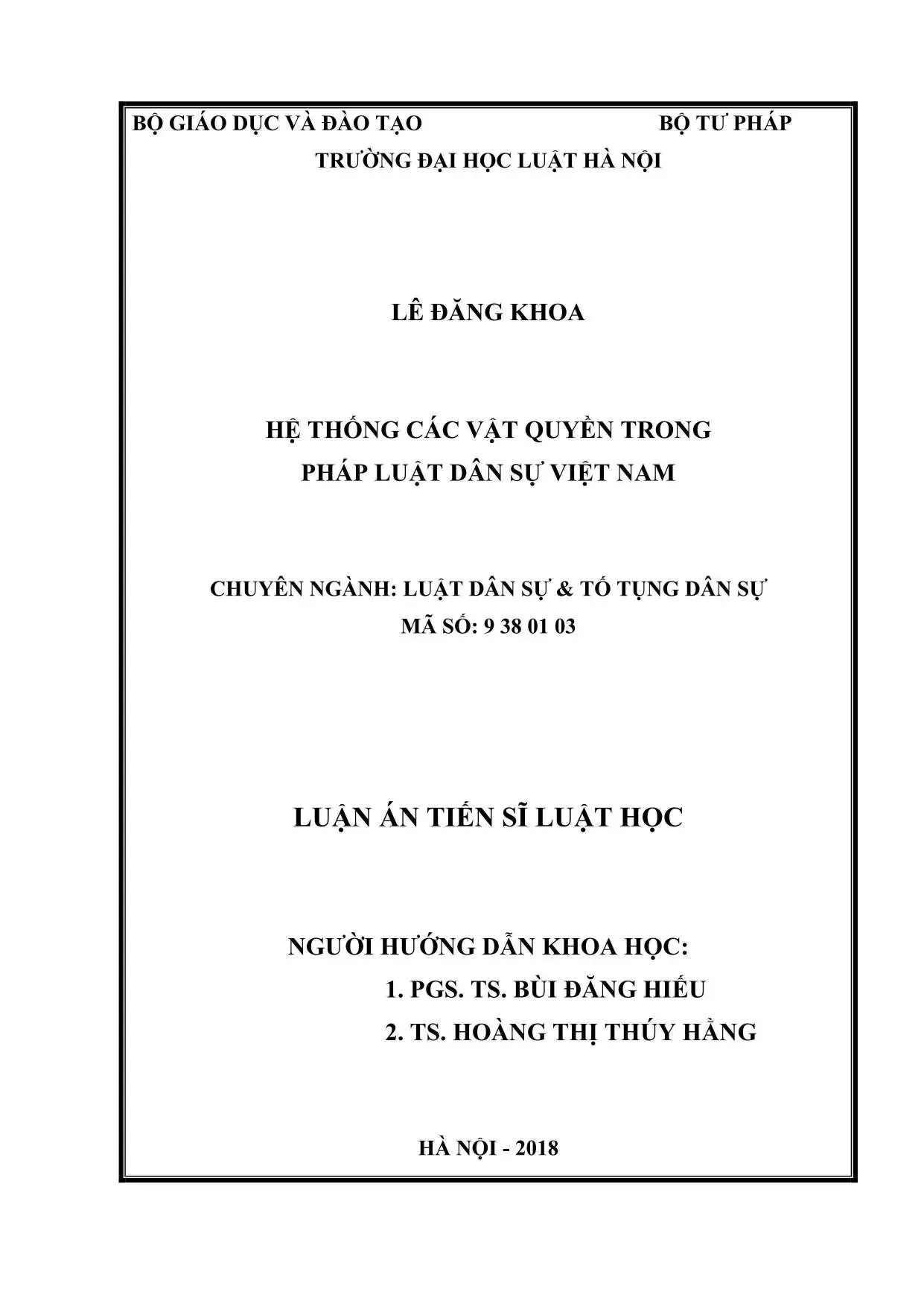 Luận án tiến sĩ luật học hệ thống các vật quyền trong pháp l