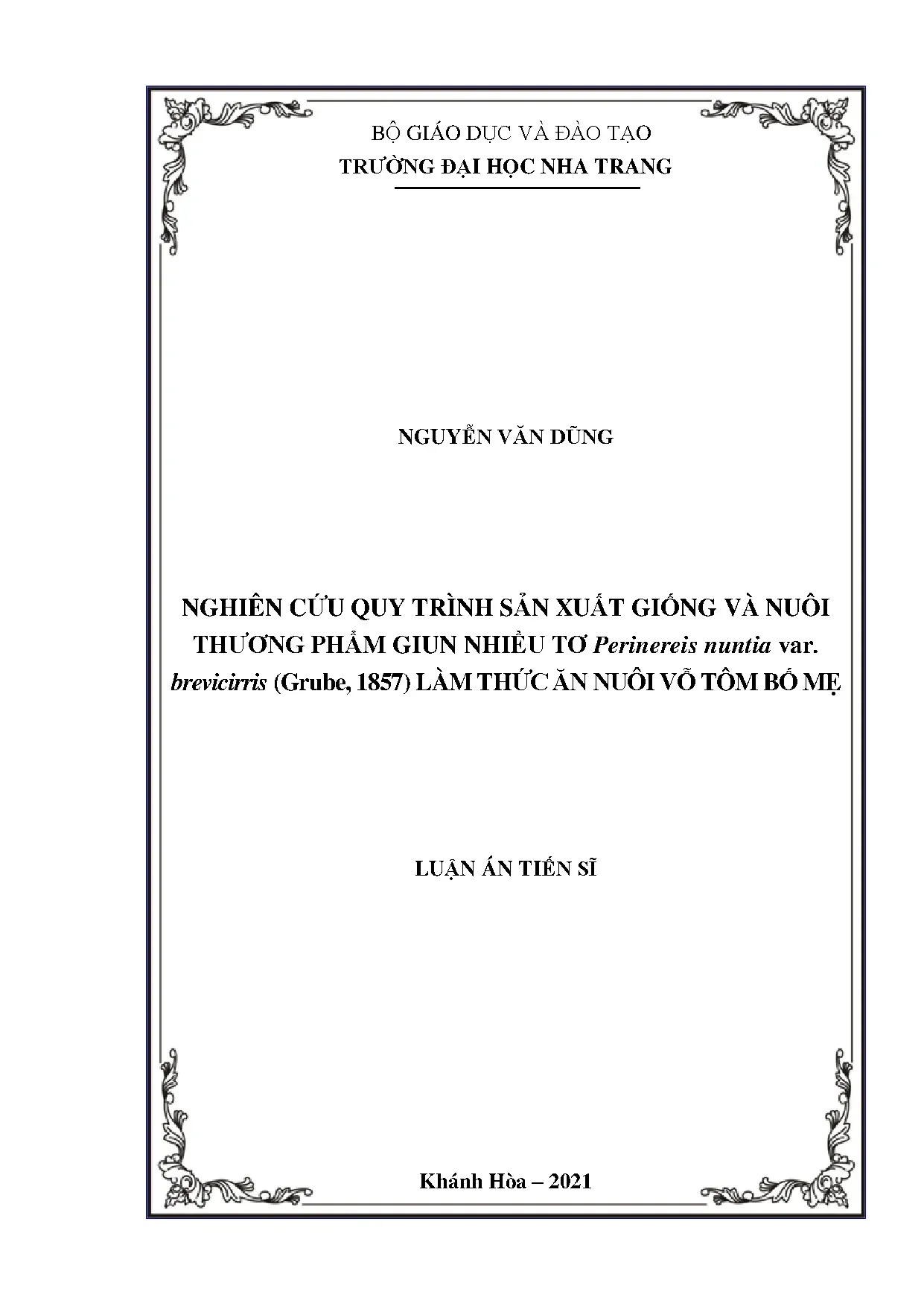 Quy trình sản xuất giống & nuôi giun Perinereis nuntia làm thức ăn tôm