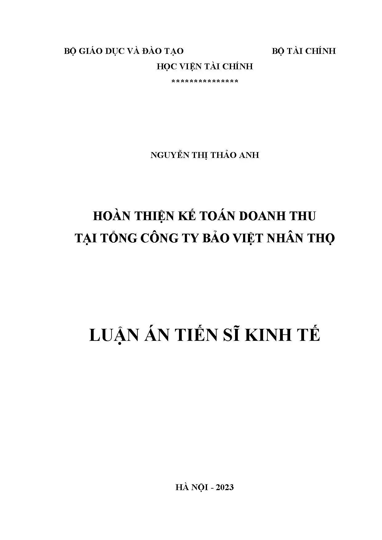 Hoàn thiện kế toán doanh thu tại Bảo Việt Nhân thọ - Luận án TS