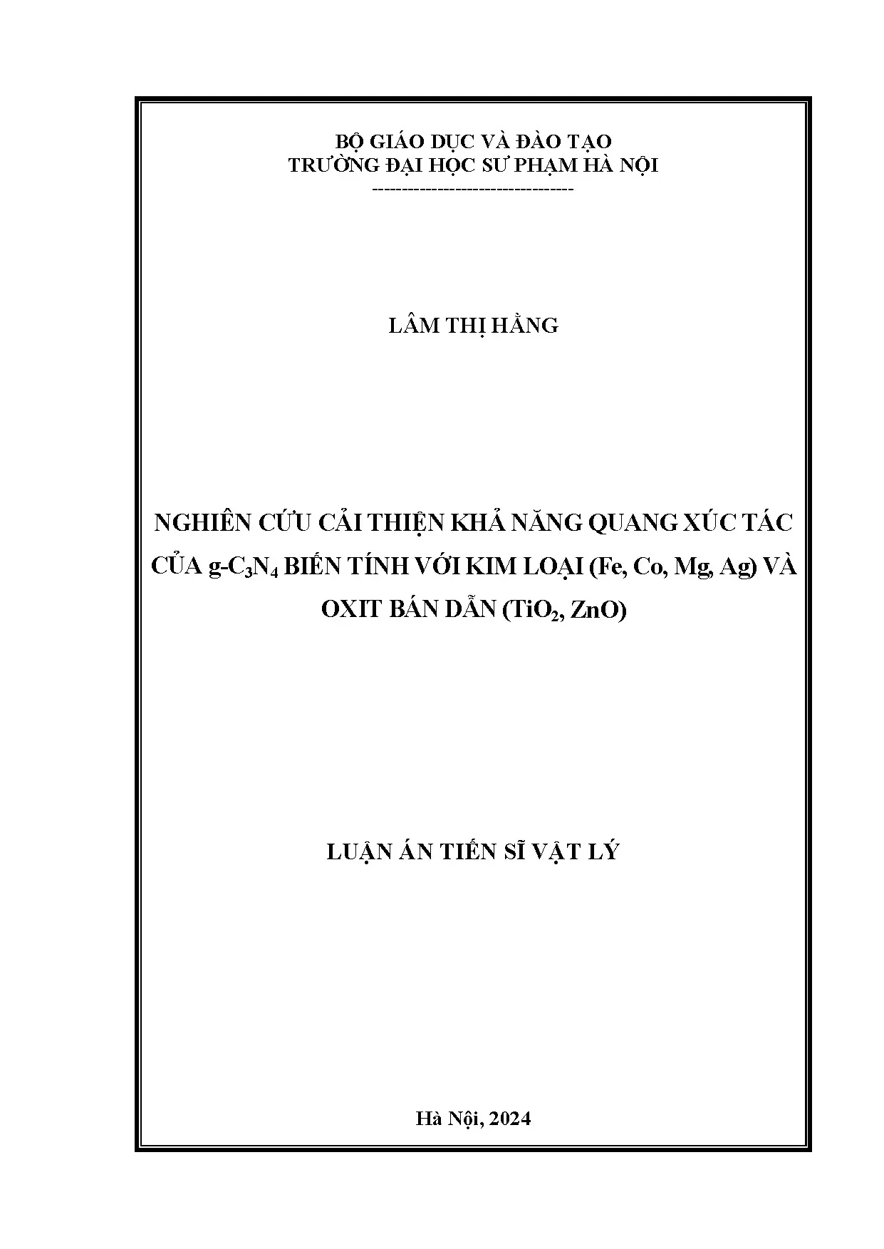 Nghiên cứu cải thiện quang xúc tác g-C3N4 biến tính kim loại