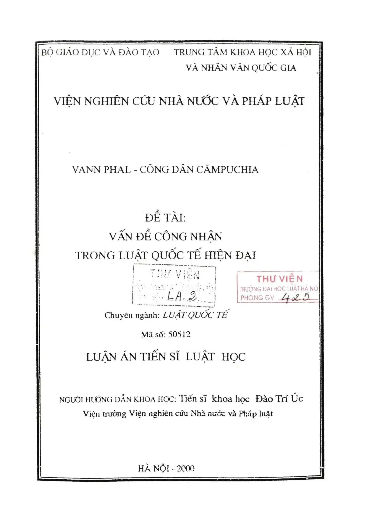 Luận án tiến sĩ luật học vấn đề công nhận