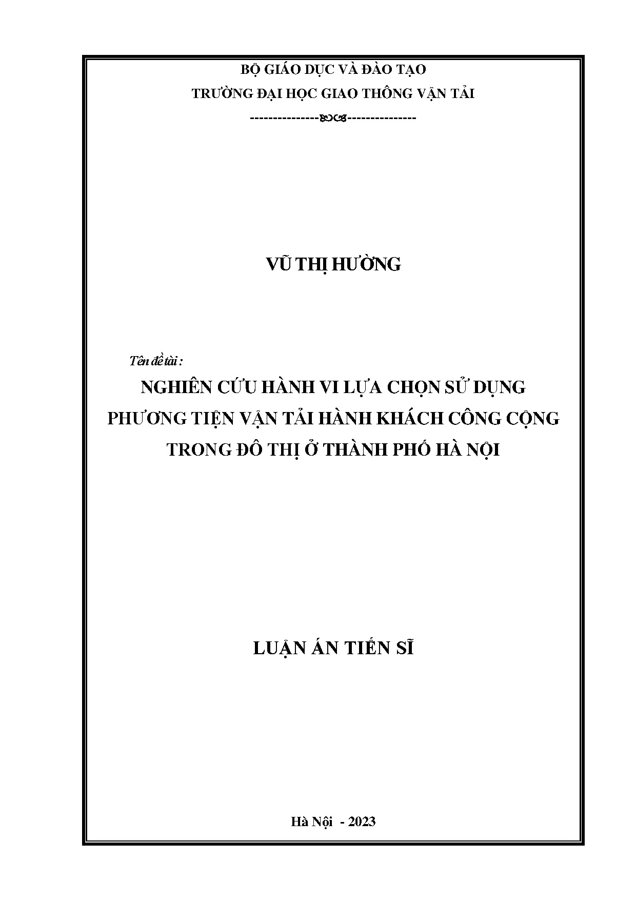 Nghiên cứu hành vi lựa chọn PTXKCC đô thị Hà Nội