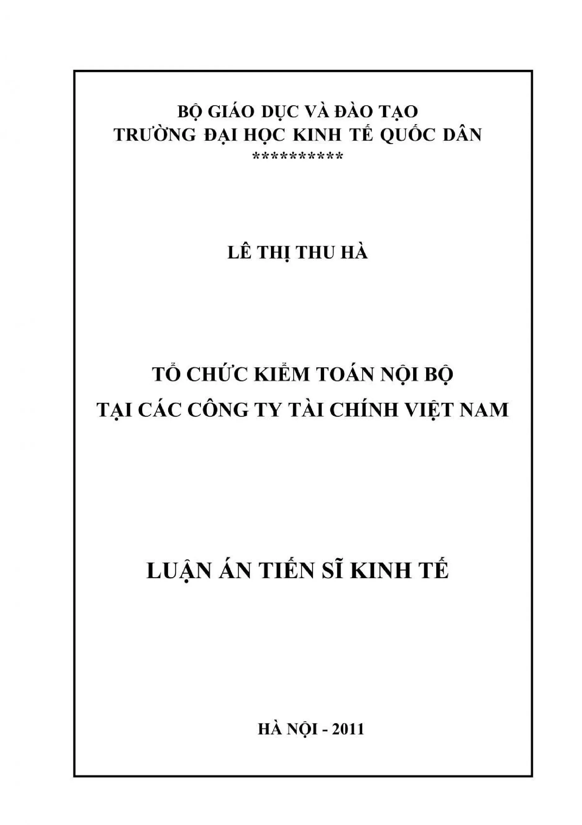 Luận án: Tổ chức kiểm toán nội bộ công ty tài chính VN