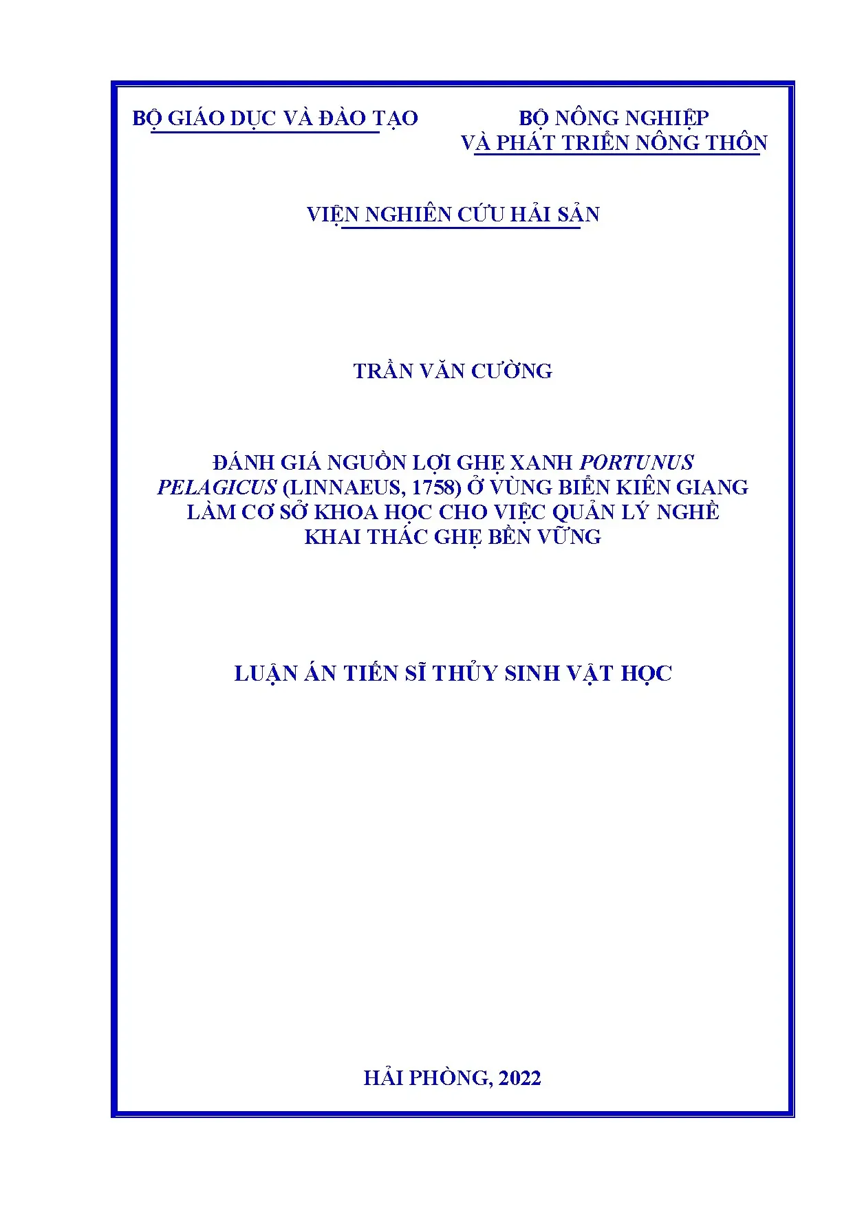 Đánh giá nguồn lợi ghẹ xanh ở Kiên Giang