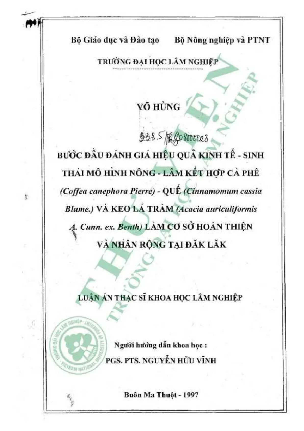 Luận án thạc sĩ bước đầu đánh giá hiệu quả kinh tế sinh thái