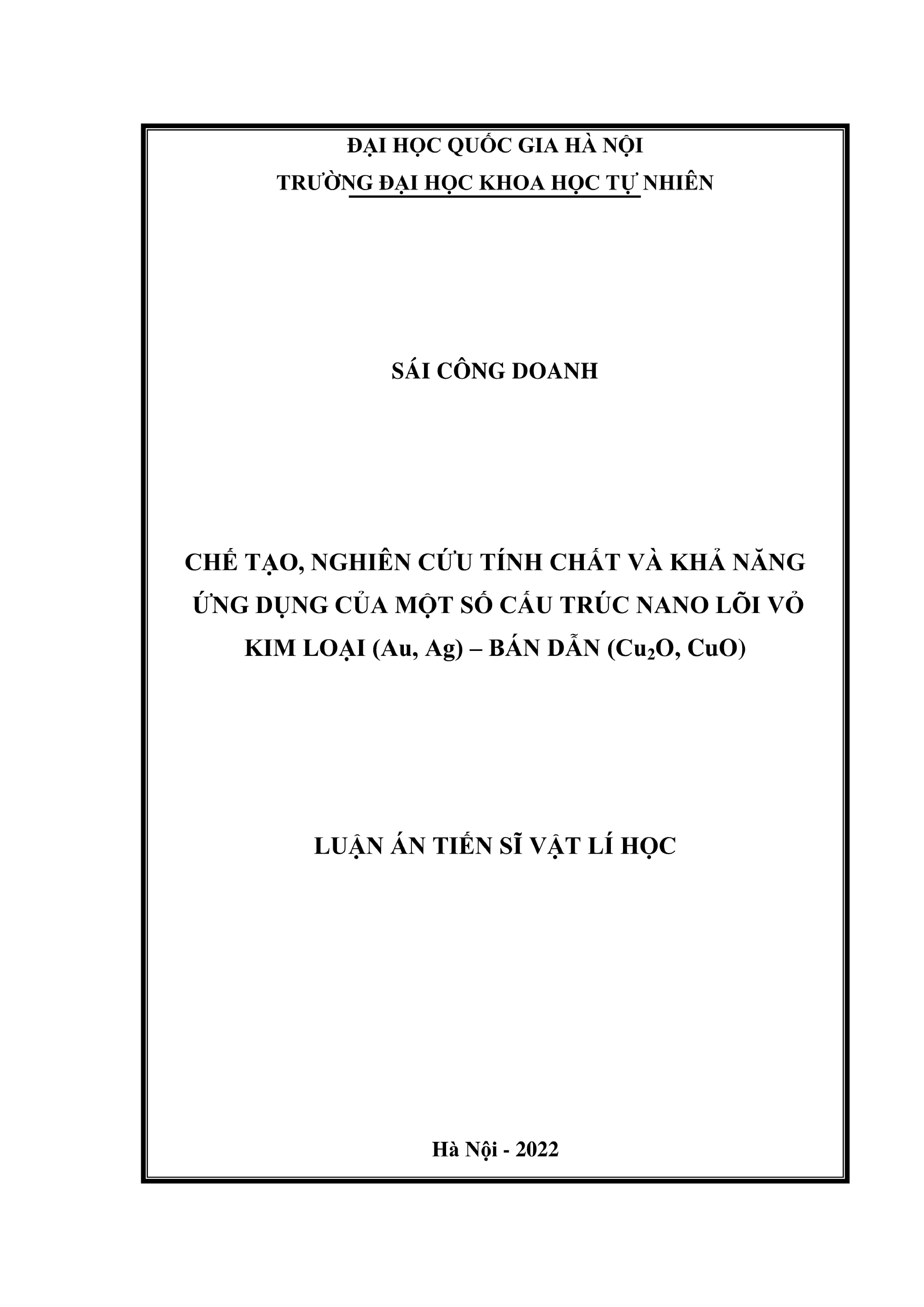 Chế tạo, tính chất & ứng dụng cấu trúc nano lõi vỏ Au, Ag/Cu2O, CuO