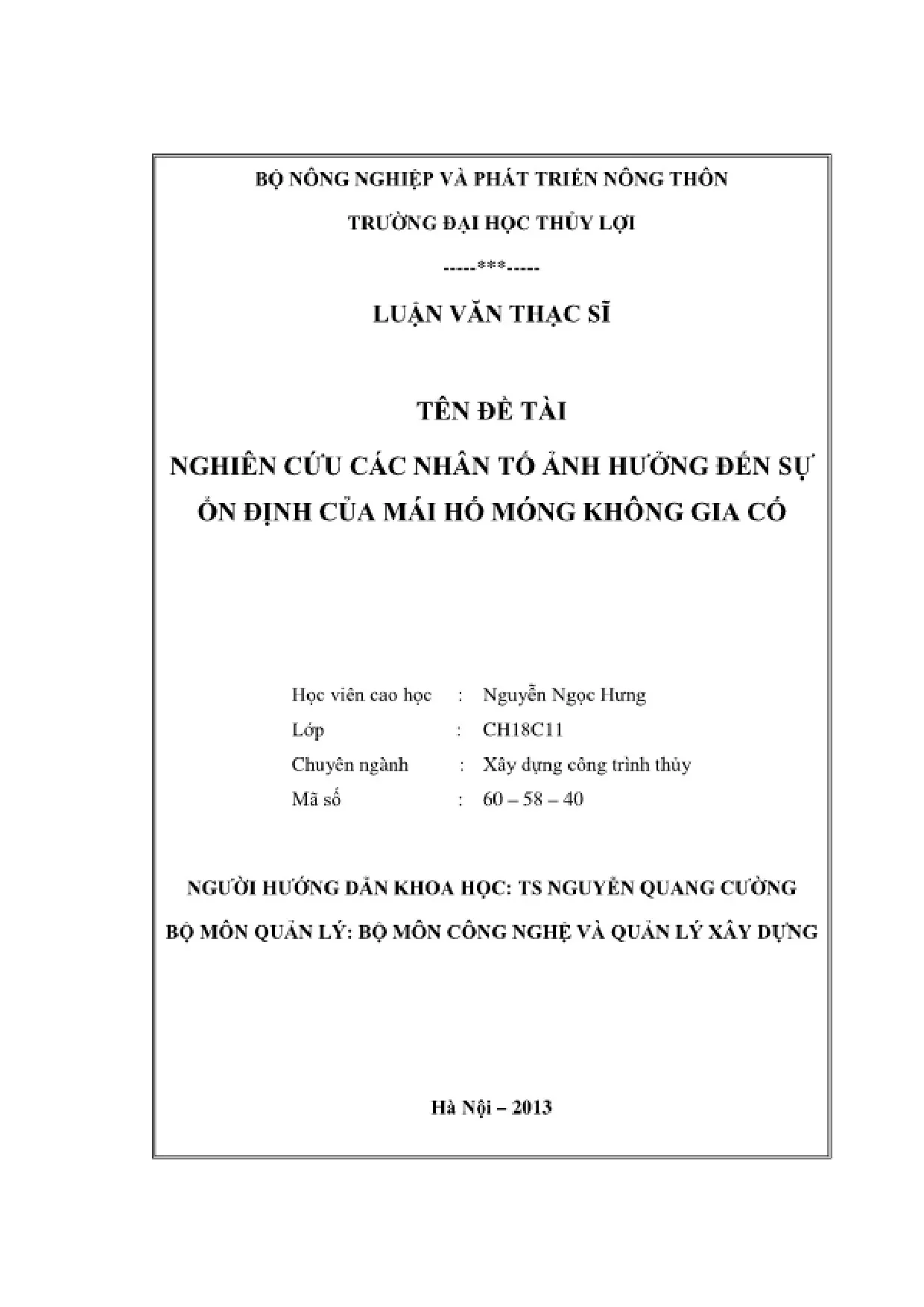 Nghiên cứu ổn định mái hố móng không gia cố công trình thủy
