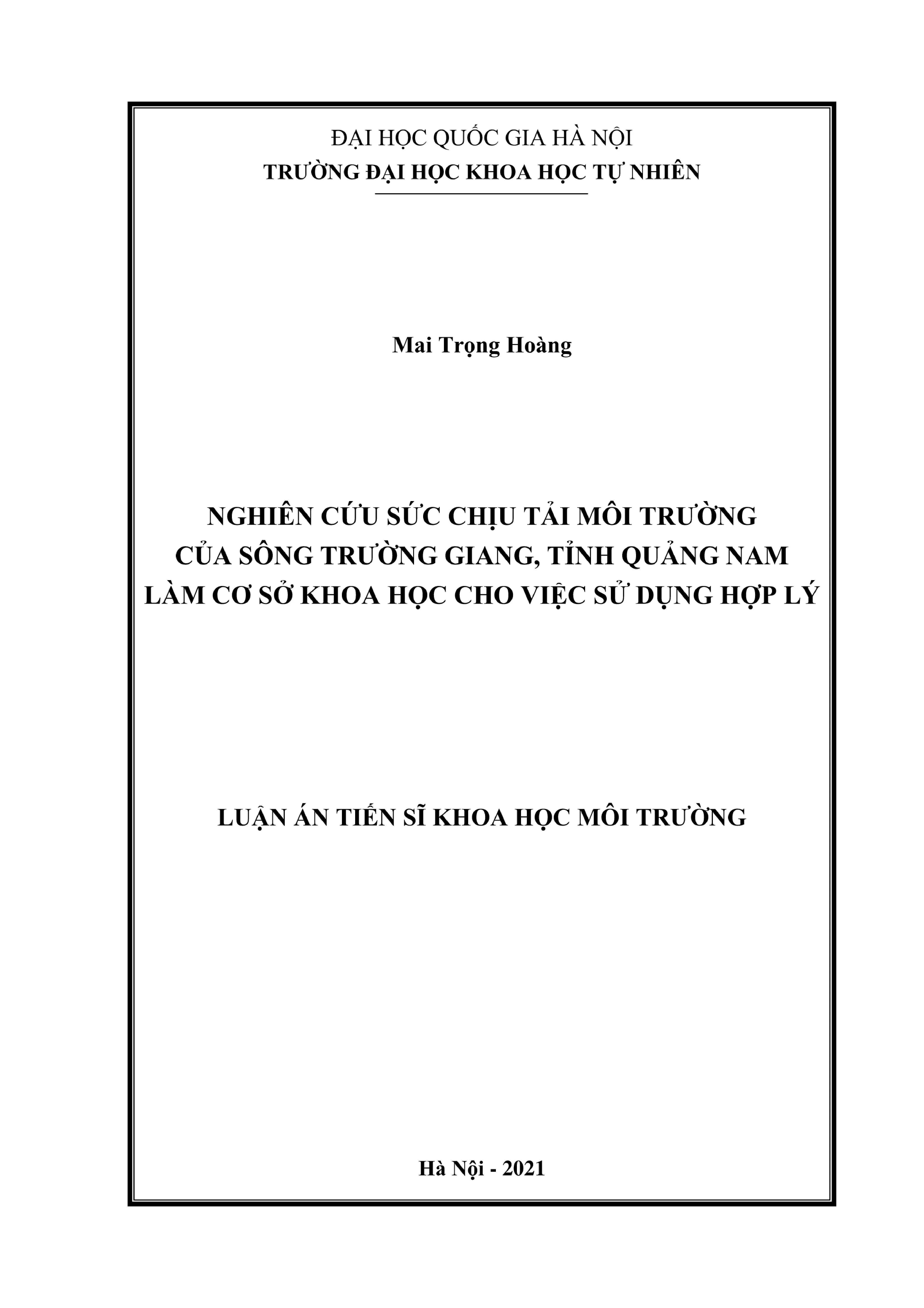 Nghiên cứu sức chịu tải môi trường sông Trường Giang, Quảng Nam