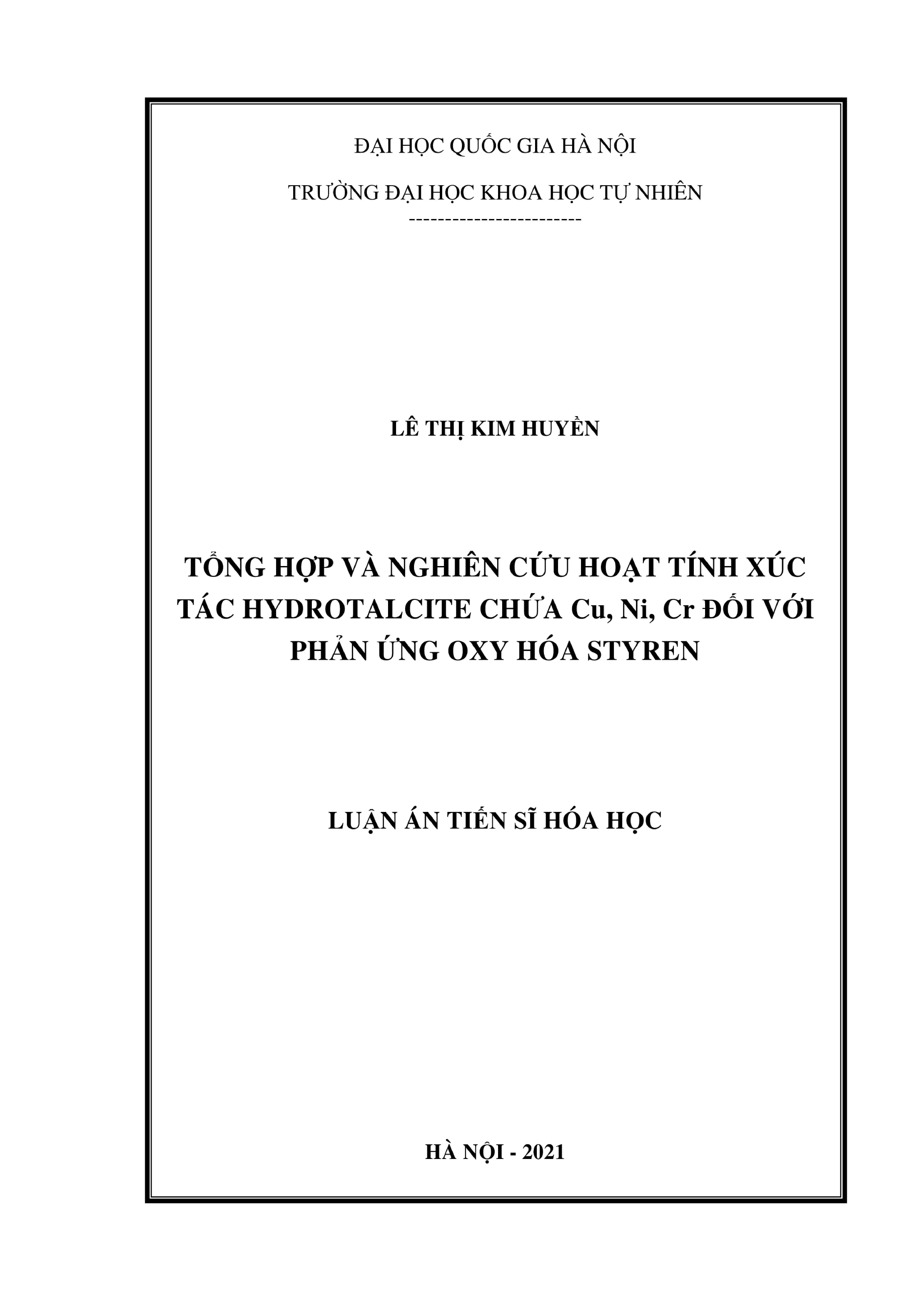 Tổng hợp Hydrotalcite Cu, Ni, Cr xúc tác Oxy hóa Styren