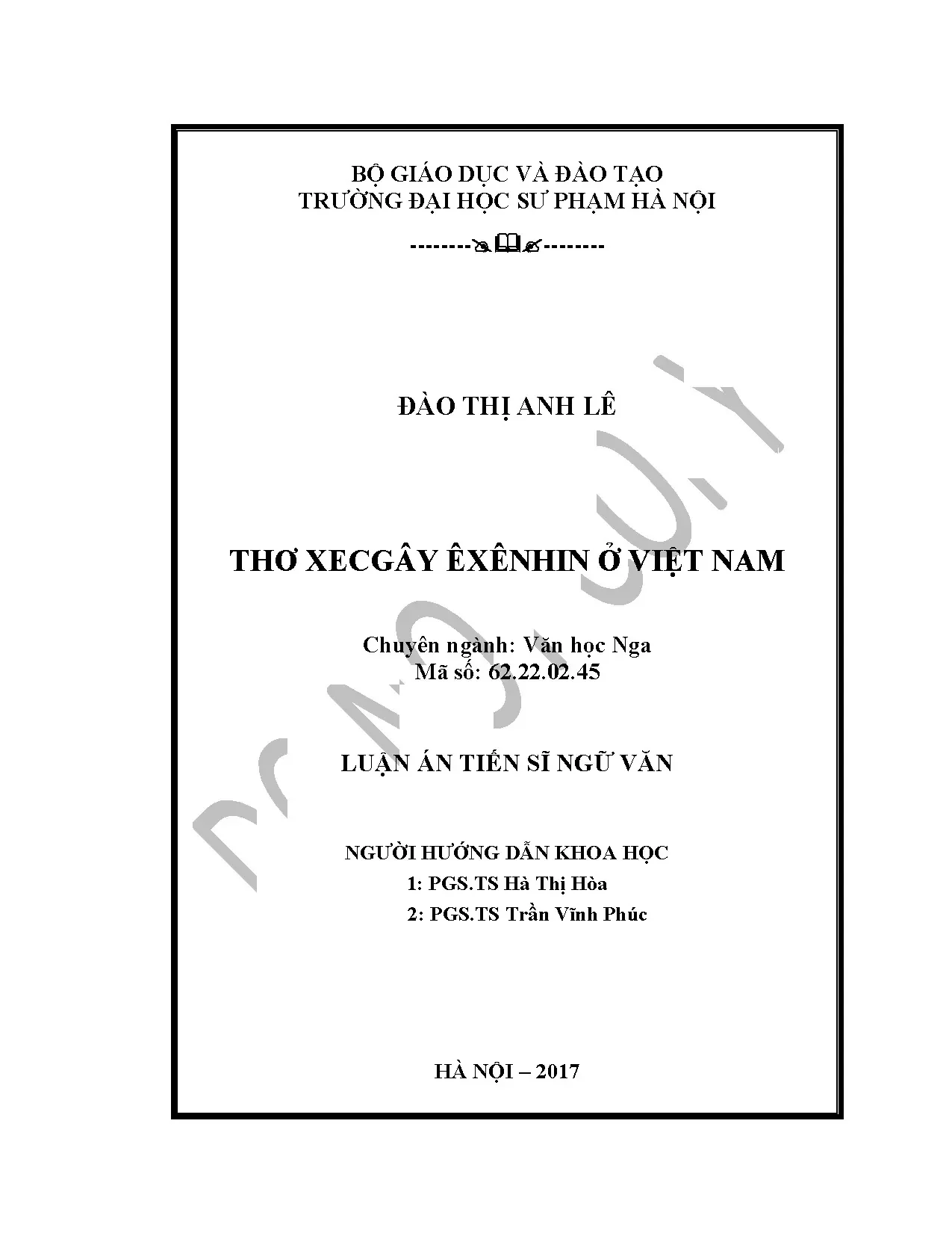 Thơ Xecgây Êxênhin ở Việt Nam: Luận án Tiến sĩ