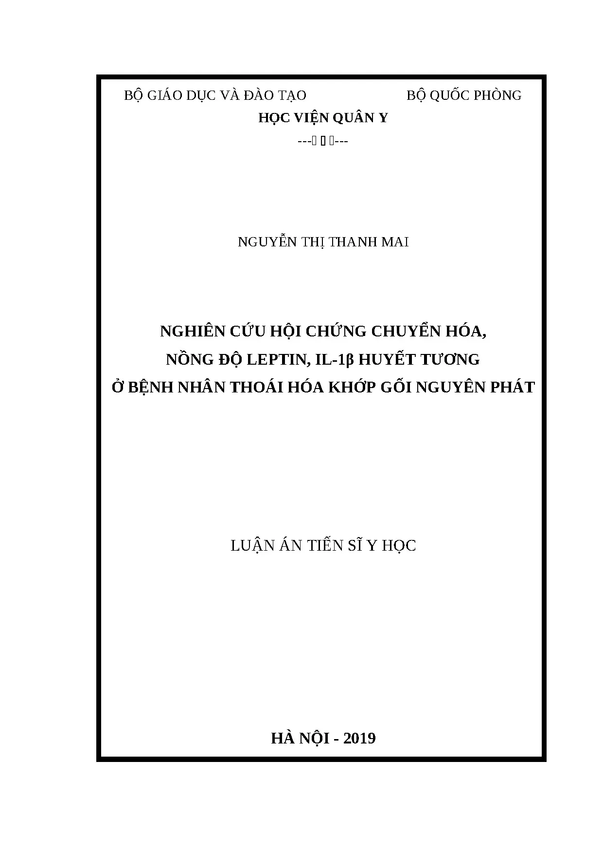 Nghiên cứu hội chứng chuyển hóa, leptin, IL-1β ở bệnh nhân thoái hóa khớp gối