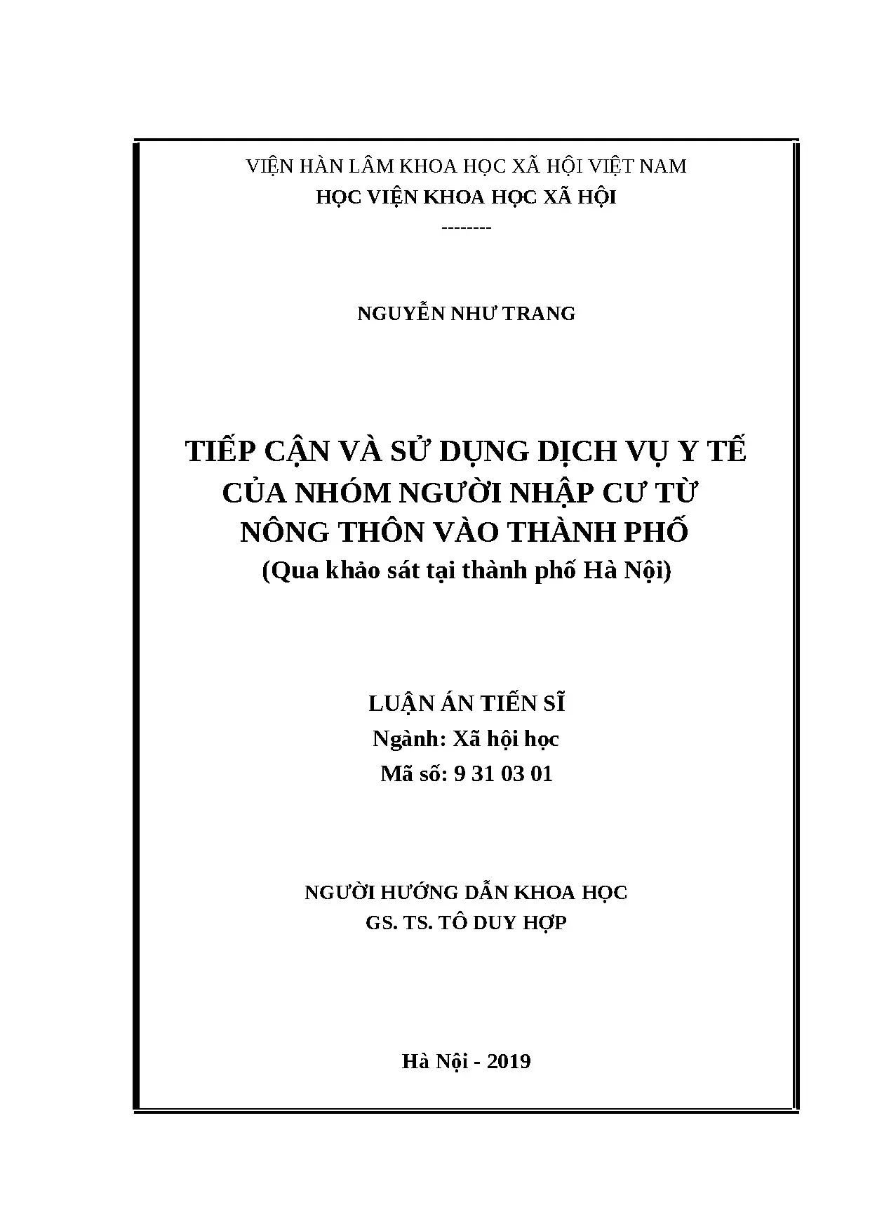 Tiếp cận dịch vụ y tế của người nhập cư nông thôn - Hà Nội