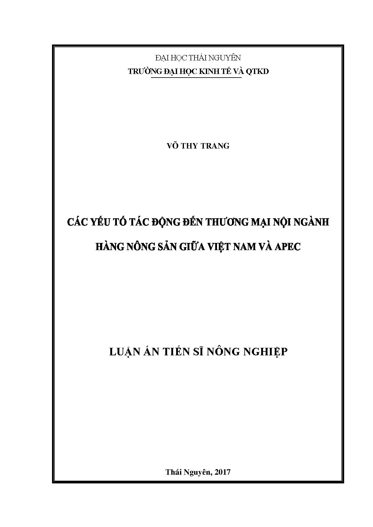 Yếu tố tác động thương mại nội ngành nông sản Việt Nam - APEC