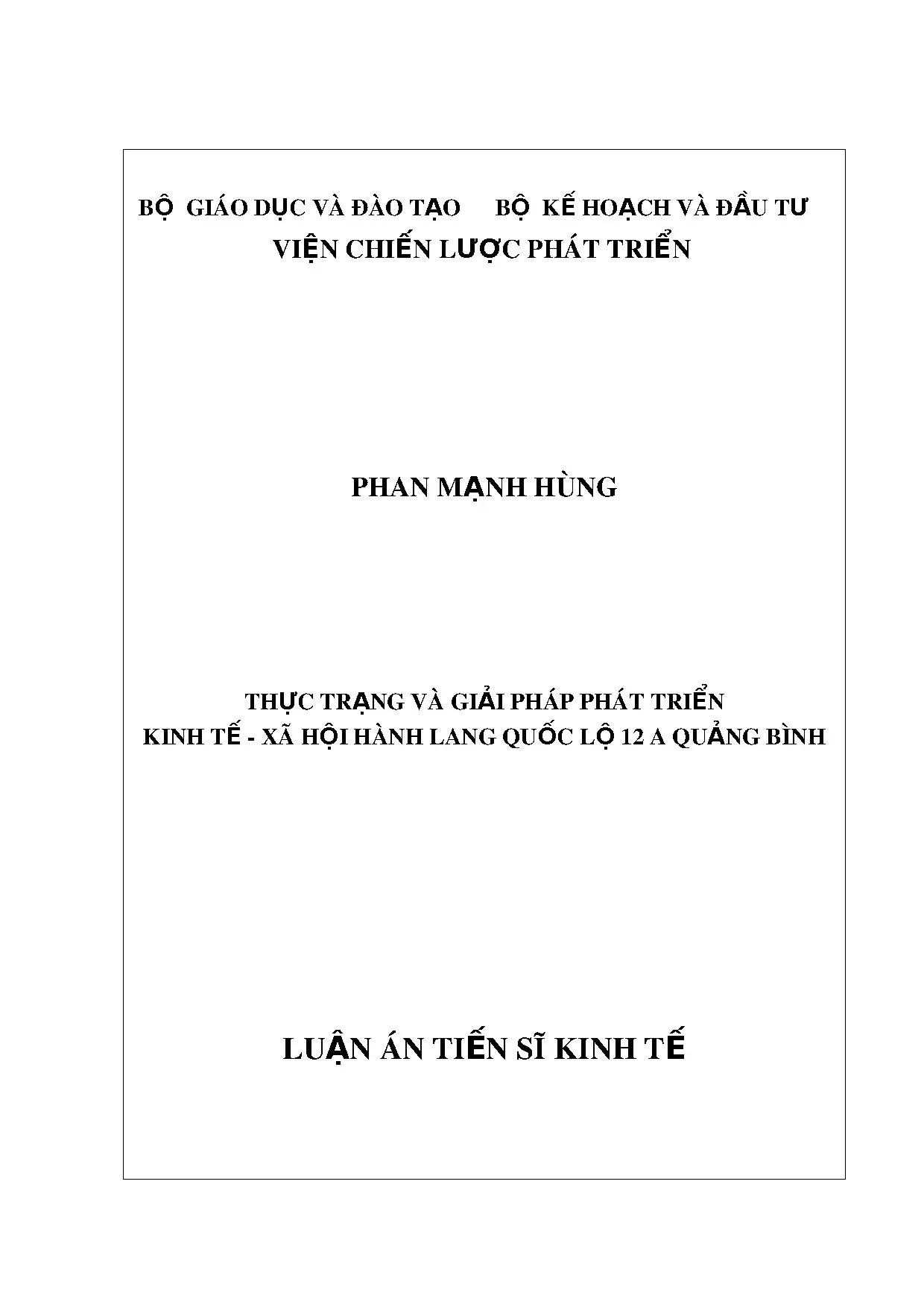Luận án TS: Thực trạng & giải pháp phát triển kinh tế hành lang QL12A Quảng Bình