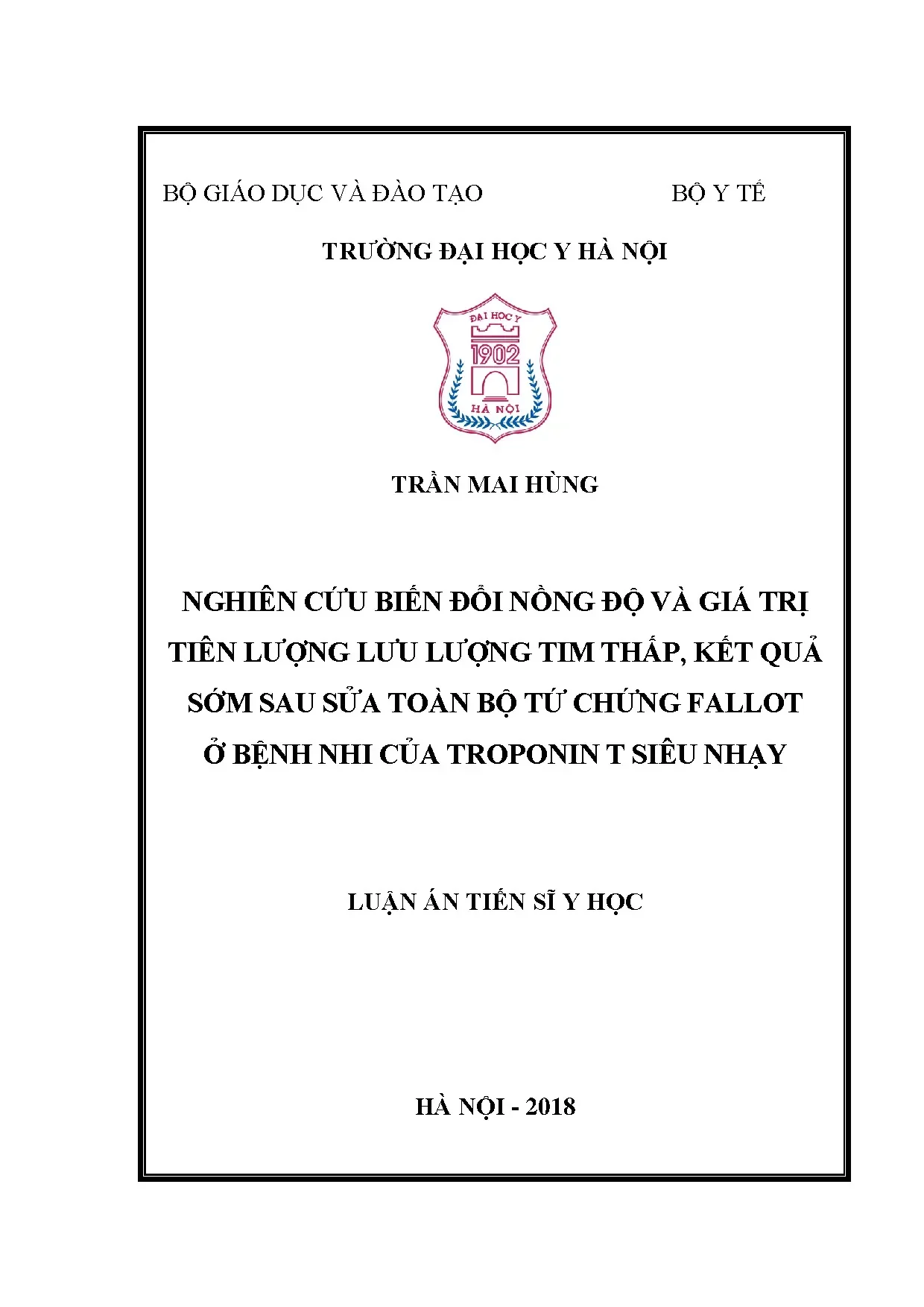 Biến đổi hs-TnT và tiên lượng lưu lượng tim thấp sau sửa TOF