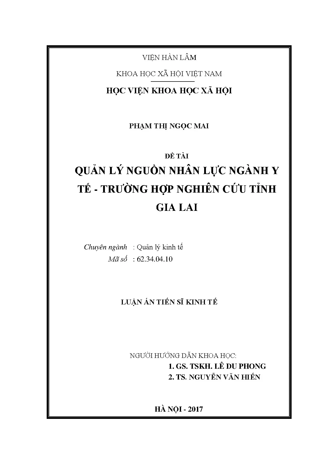Quản lý nguồn nhân lực ngành y tế - Nghiên cứu tại tỉnh Gia Lai