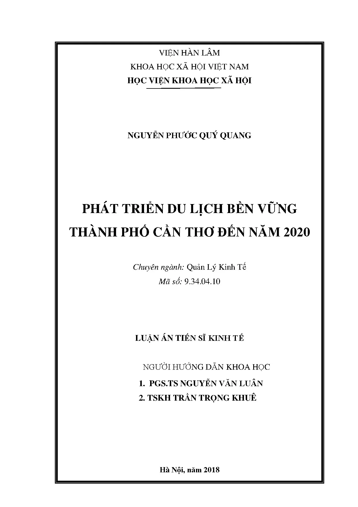 Du lịch bền vững Cần Thơ: Luận án Tiến sĩ