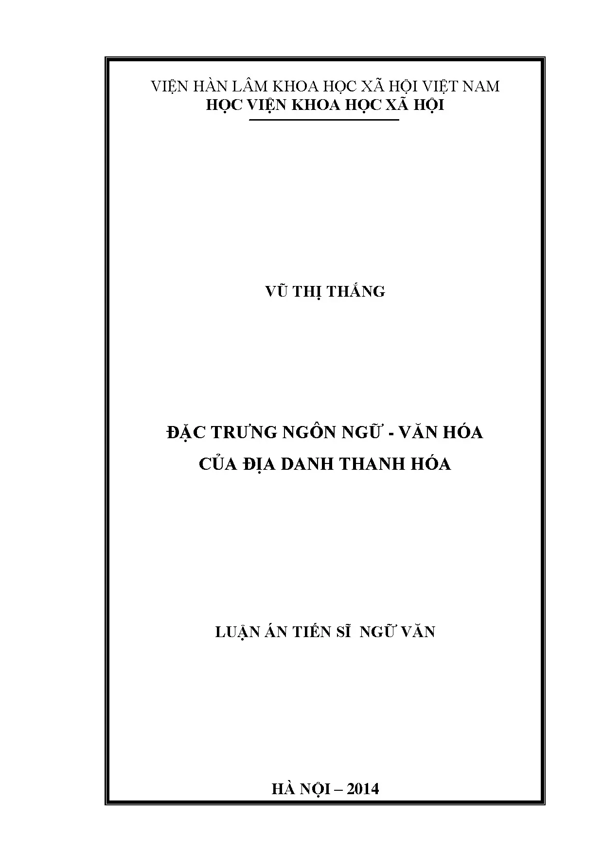 Đặc trưng ngôn ngữ văn hóa của địa danh Thanh Hóa: Luận án tiến sĩ ngữ văn