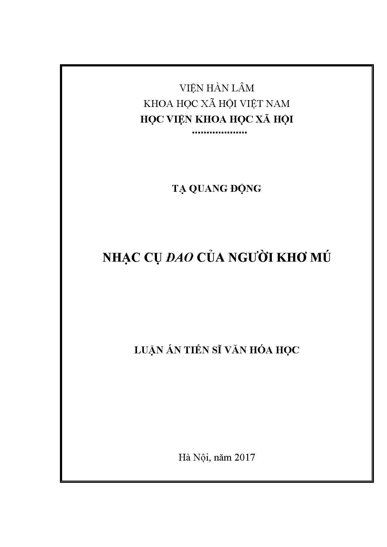 Luận án tiến sĩ: Nhạc cụ đao của người Khơ Mú - Văn hóa học