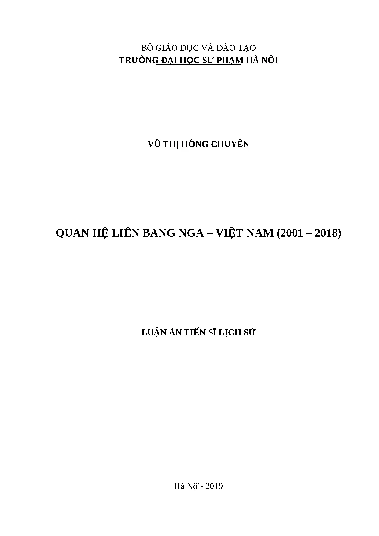 Quan hệ Nga - Việt Nam 2001-2018: Luận án Tiến sĩ Lịch sử