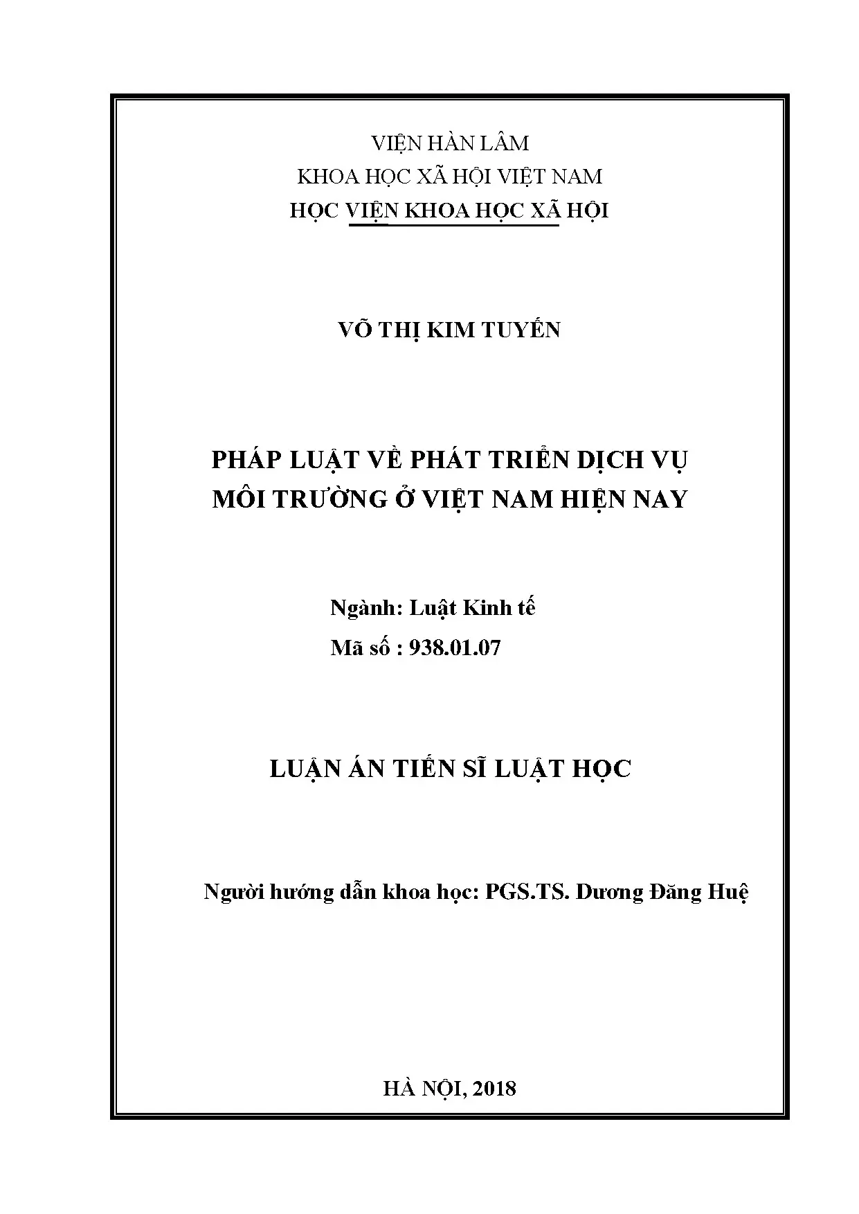 Luận án: Pháp luật phát triển dịch vụ môi trường Việt Nam