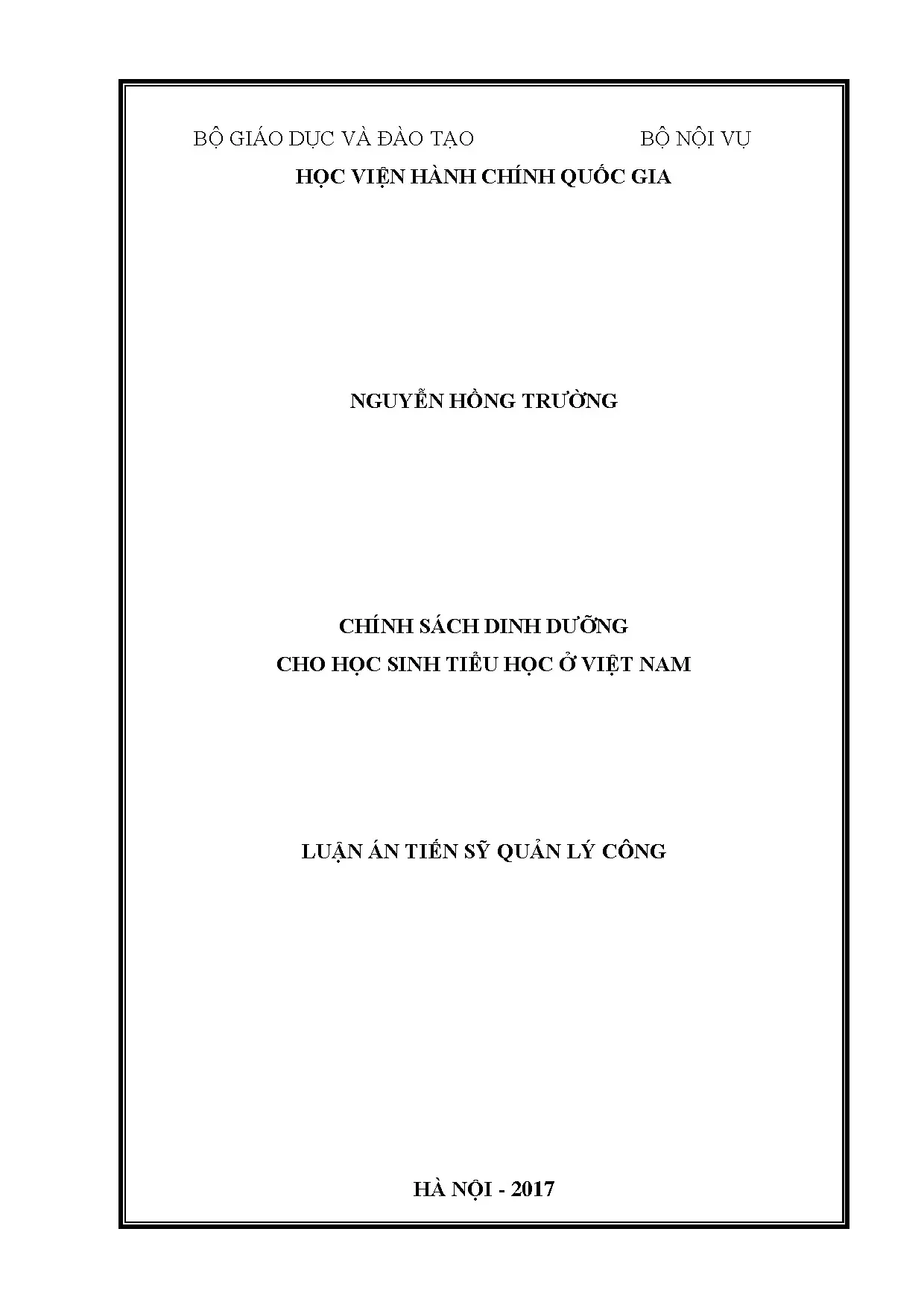 Chính sách dinh dưỡng học sinh tiểu học Việt Nam: Luận án Tiến sĩ