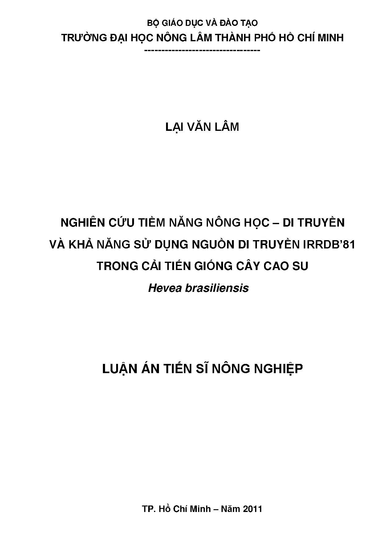 Nghiên cứu nguồn di truyền IRRDB'81 cải tiến giống cao su
