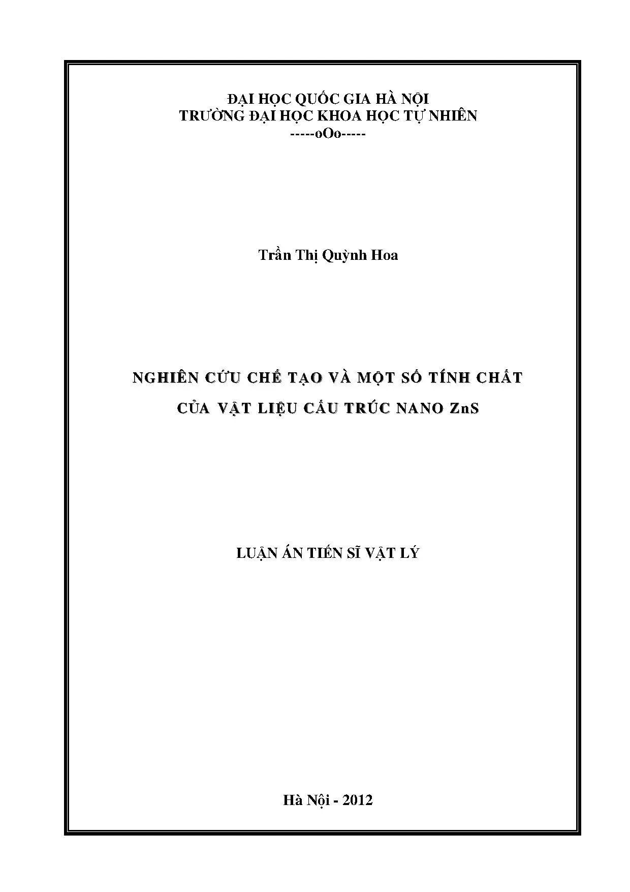 Nghiên cứu chế tạo và tính chất vật liệu cấu trúc nano ZnS