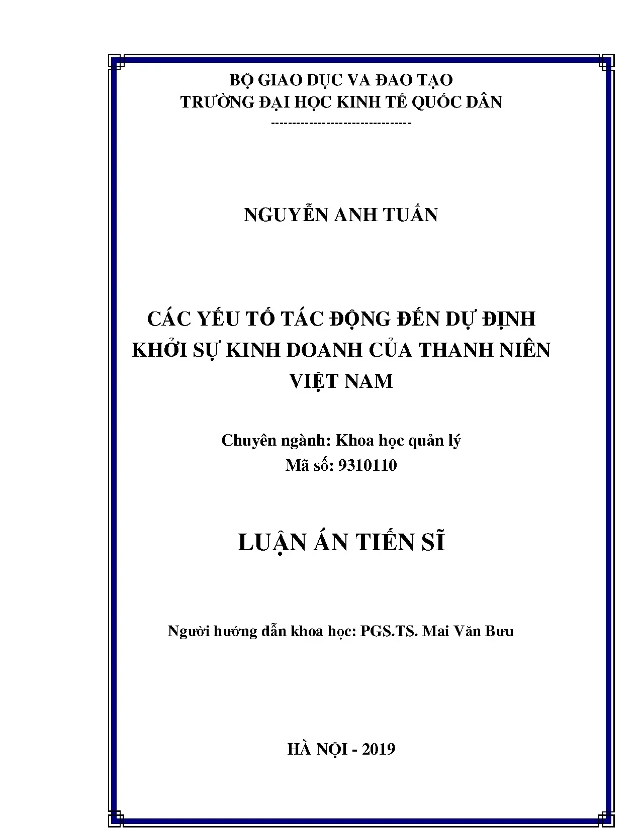 Yếu tố tác động đến dự định khởi sự kinh doanh của thanh niên Việt Nam