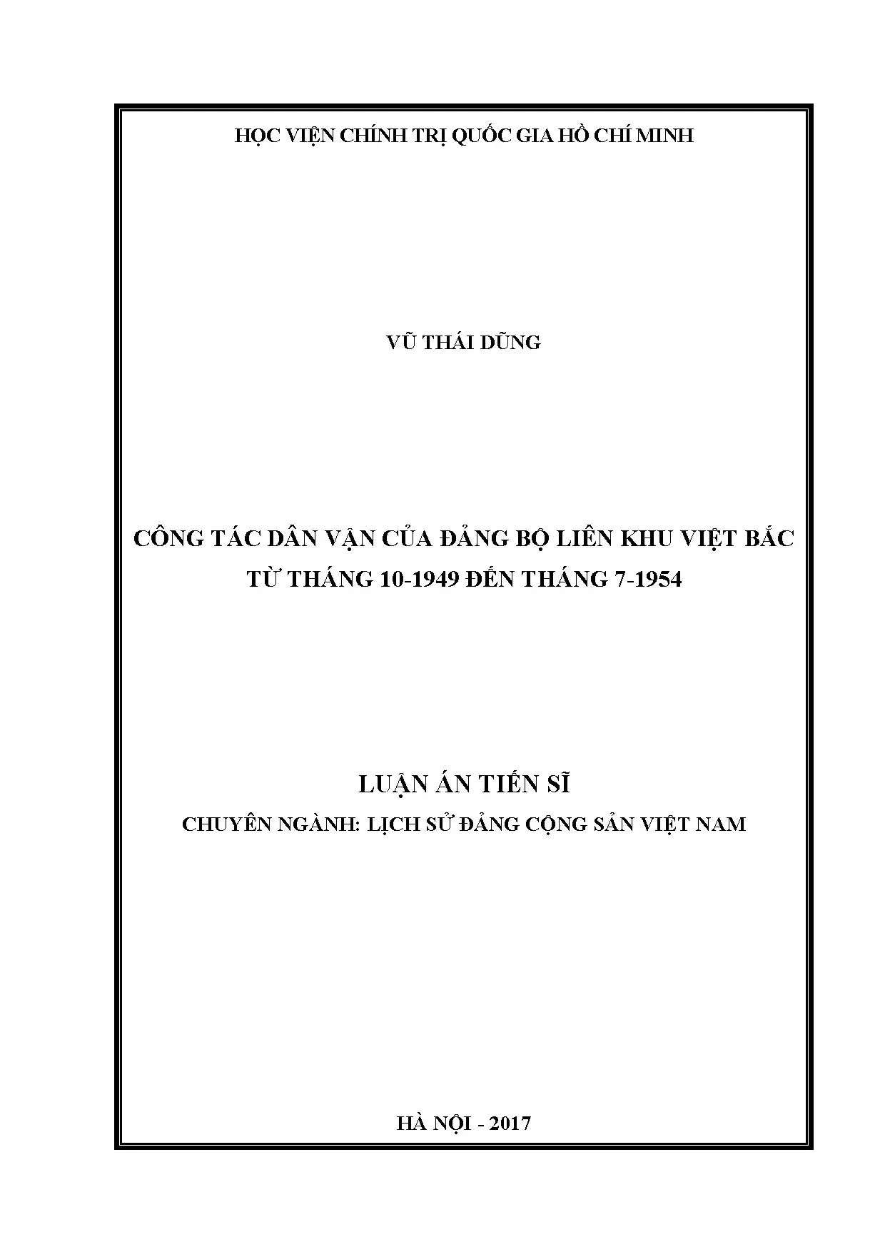 Công tác dân vận Đảng bộ Liên khu Việt Bắc 1949-1954