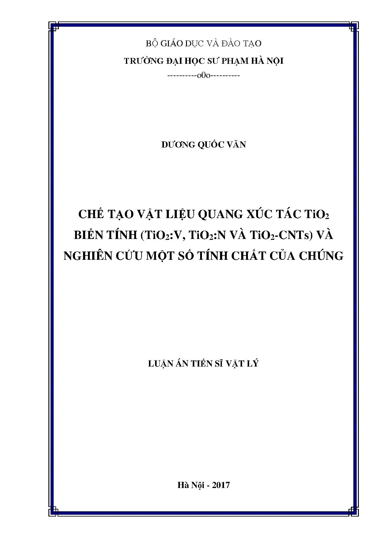 Chế tạo TiO2 biến tính quang xúc tác và nghiên cứu tính chất