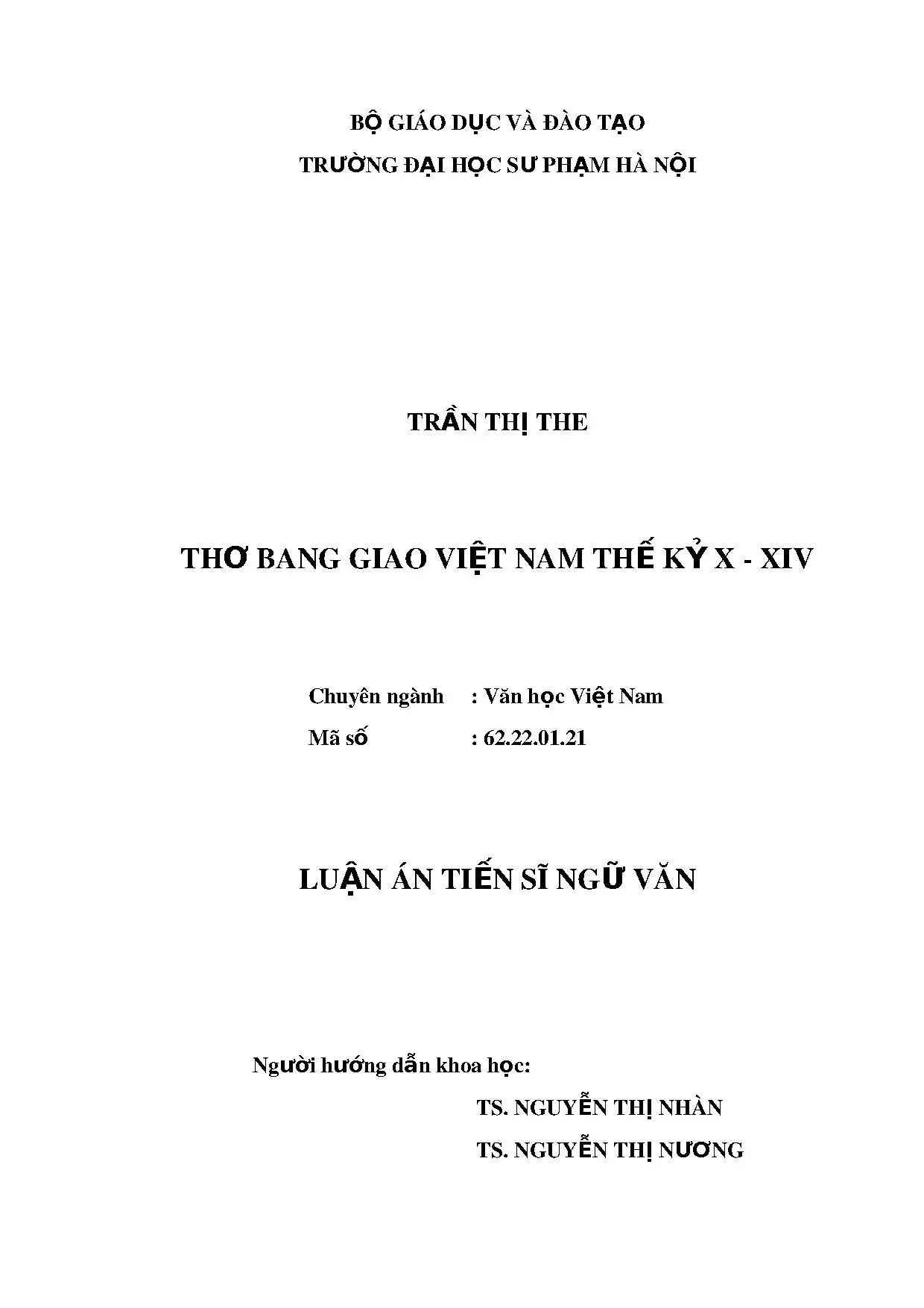 Thơ Bang Giao Việt Nam TK X-XIV: Luận án TS