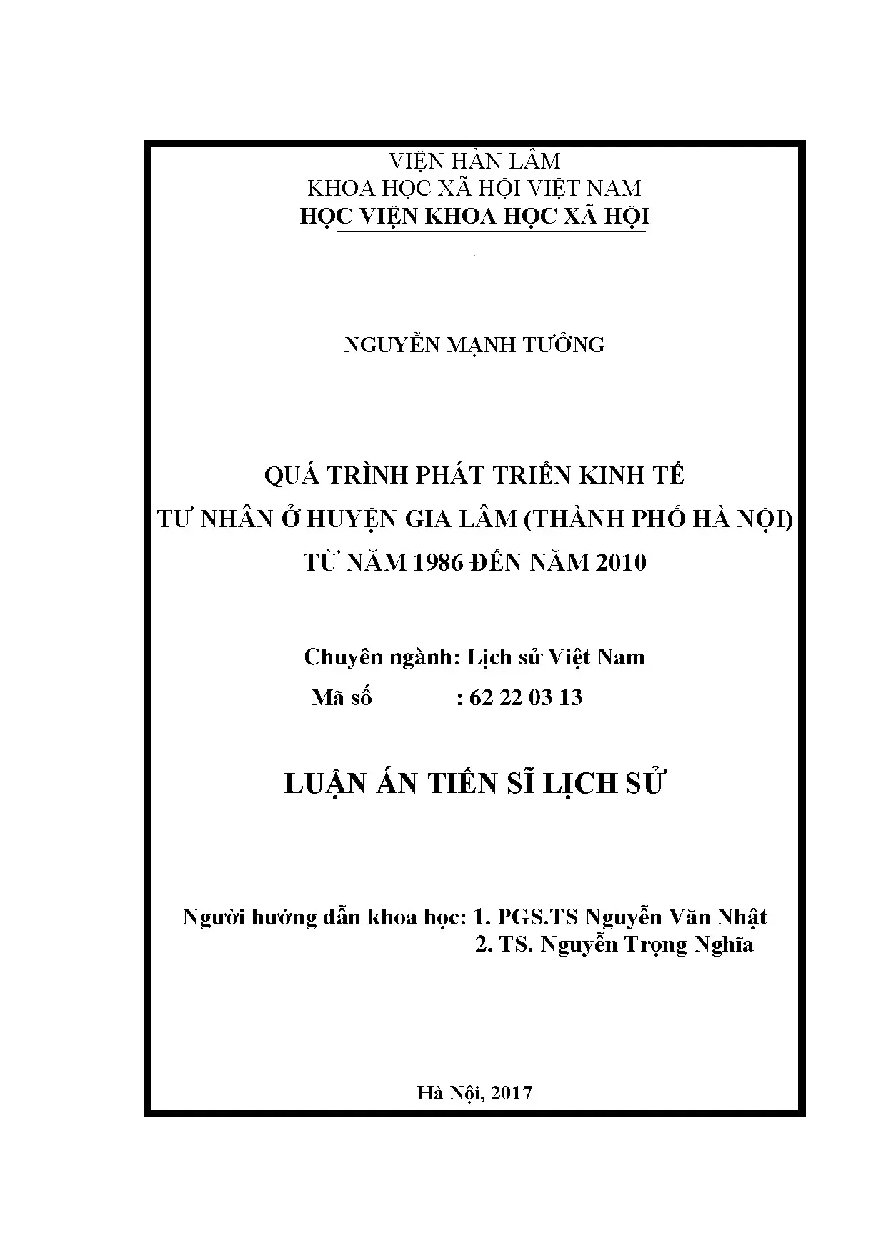 Phát triển kinh tế tư nhân ở huyện Gia Lâm Hà Nội 1986-2010