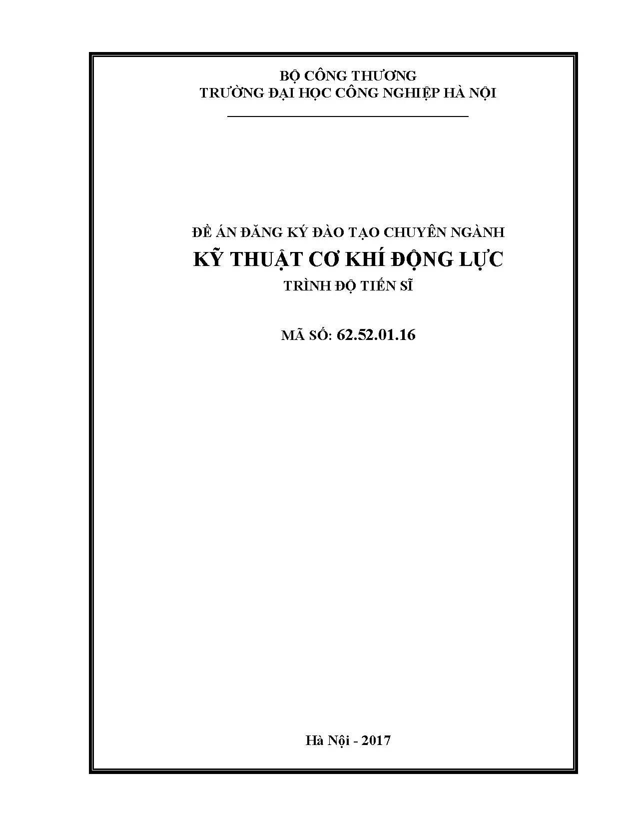 Đề án đào tạo tiến sĩ Kỹ thuật Cơ khí Động lực - ĐHCNHN