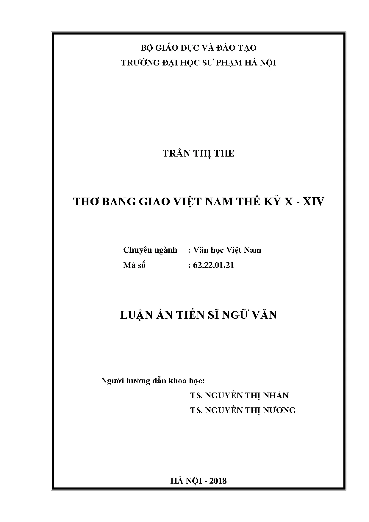 Thơ Bang Giao Việt Nam Thế Kỷ X-XIV: Luận Án Tiến Sĩ