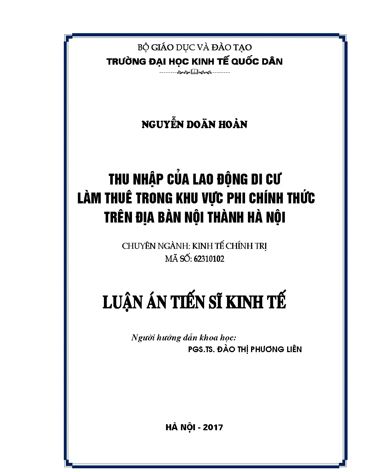 Thu nhập lao động di cư phi chính thức nội thành Hà Nội